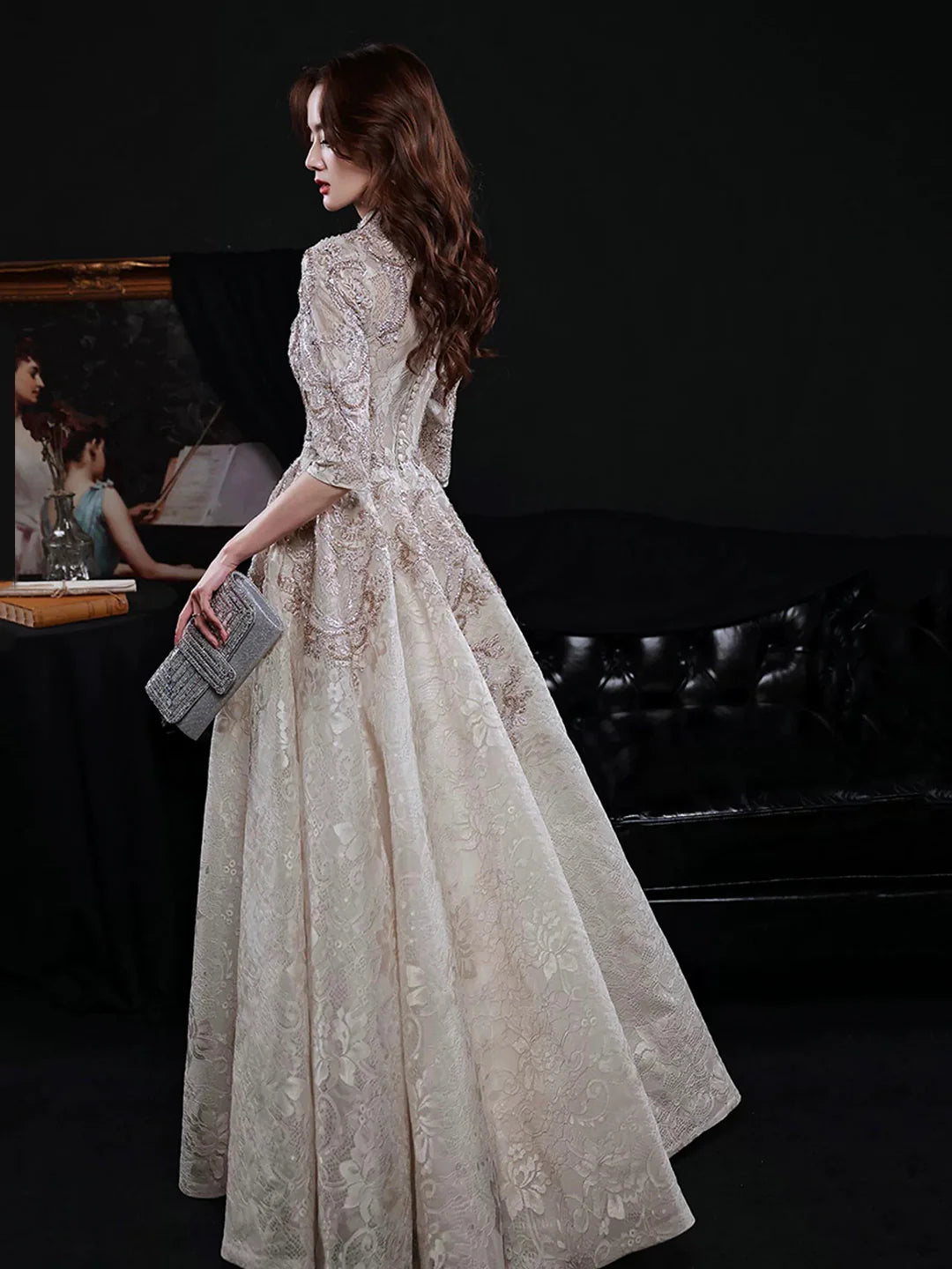 Champagne High Neck Elegant Lace Mid-sleeve Long Formal Dress Evening Party Dress