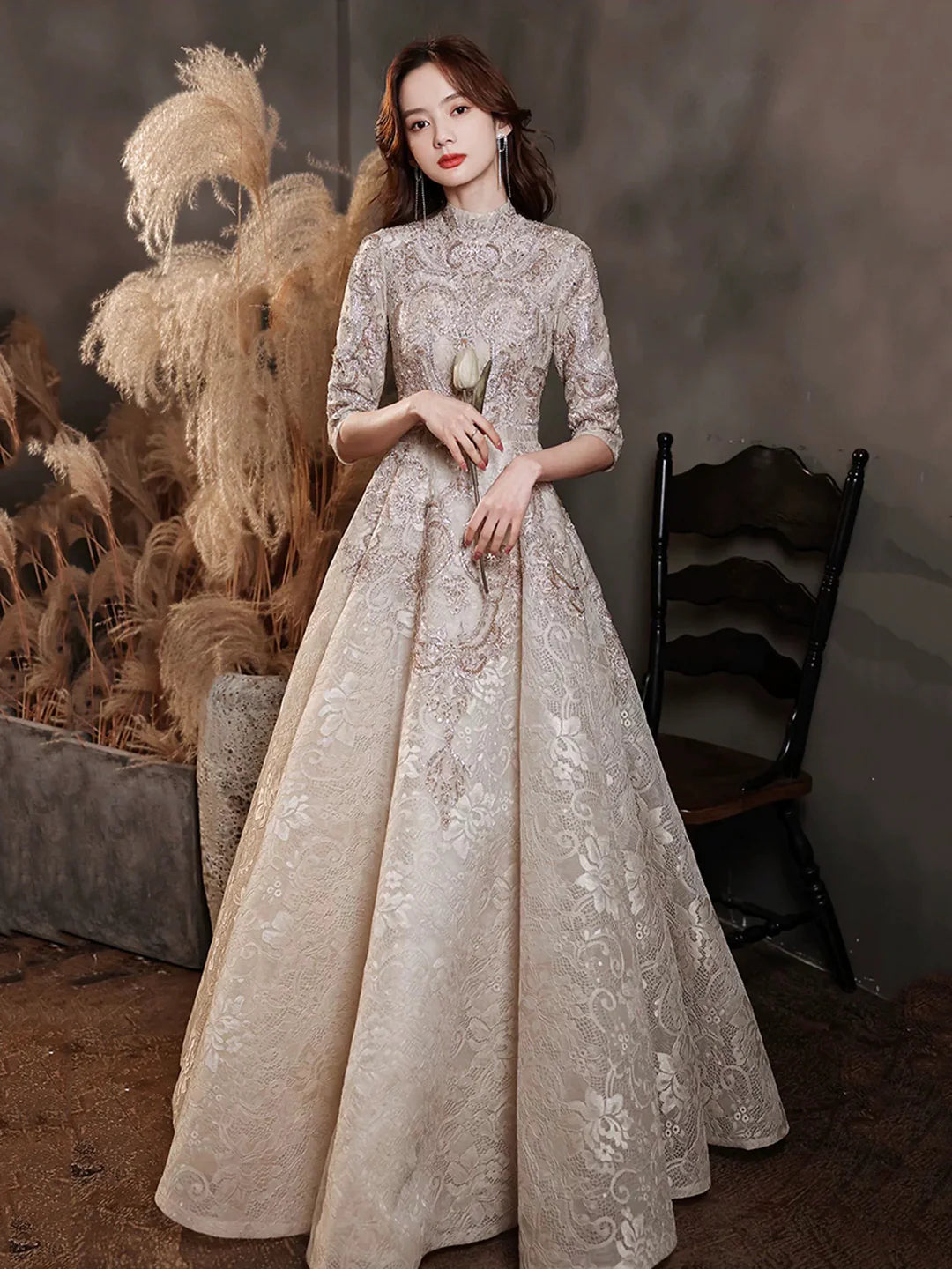 Champagne High Neck Elegant Lace Mid-sleeve Long Formal Dress Evening Party Dress