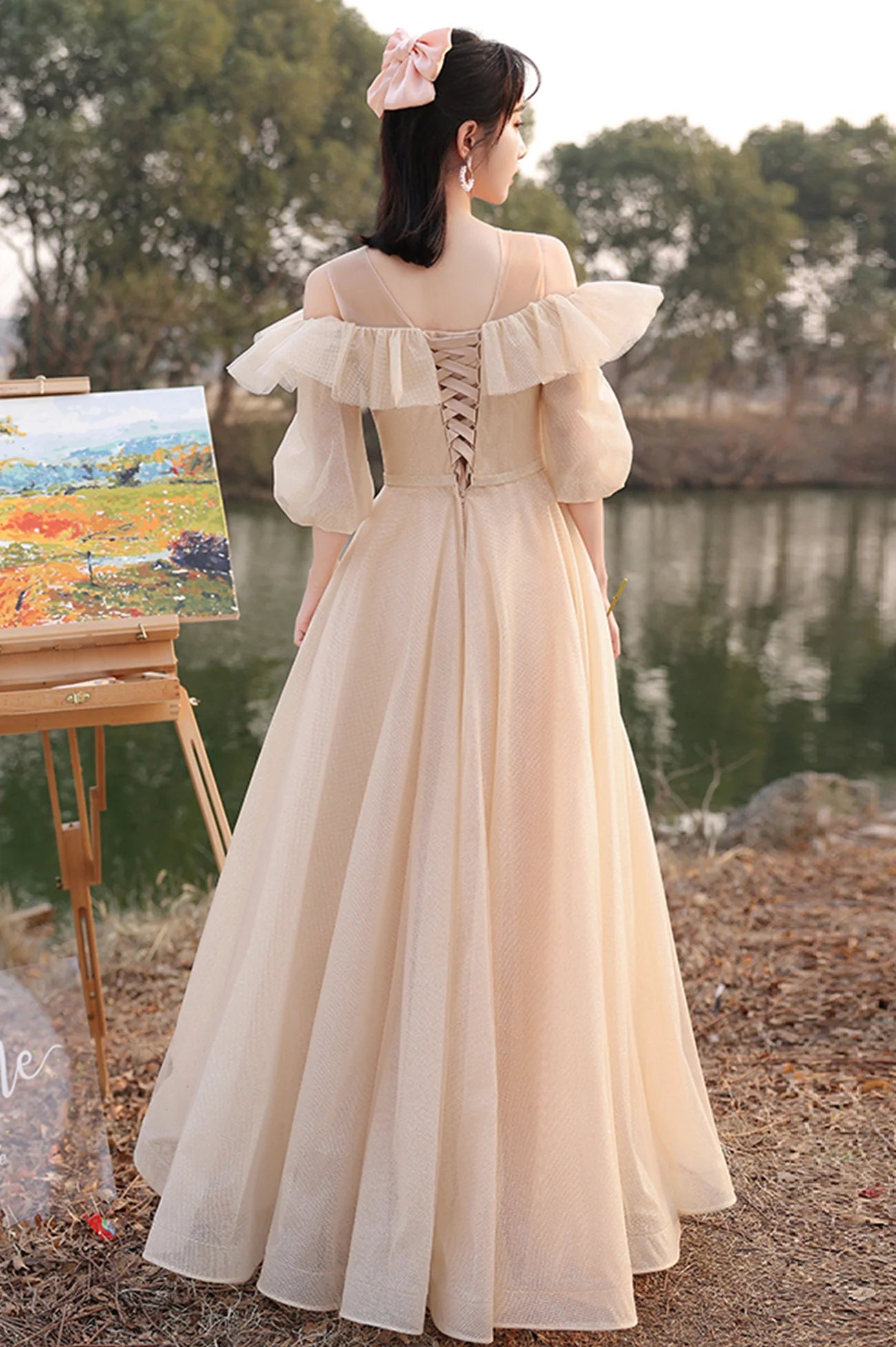 Champagne Lace-Up Cute Tulle Long A-Line Prom Dresses Party Dresses