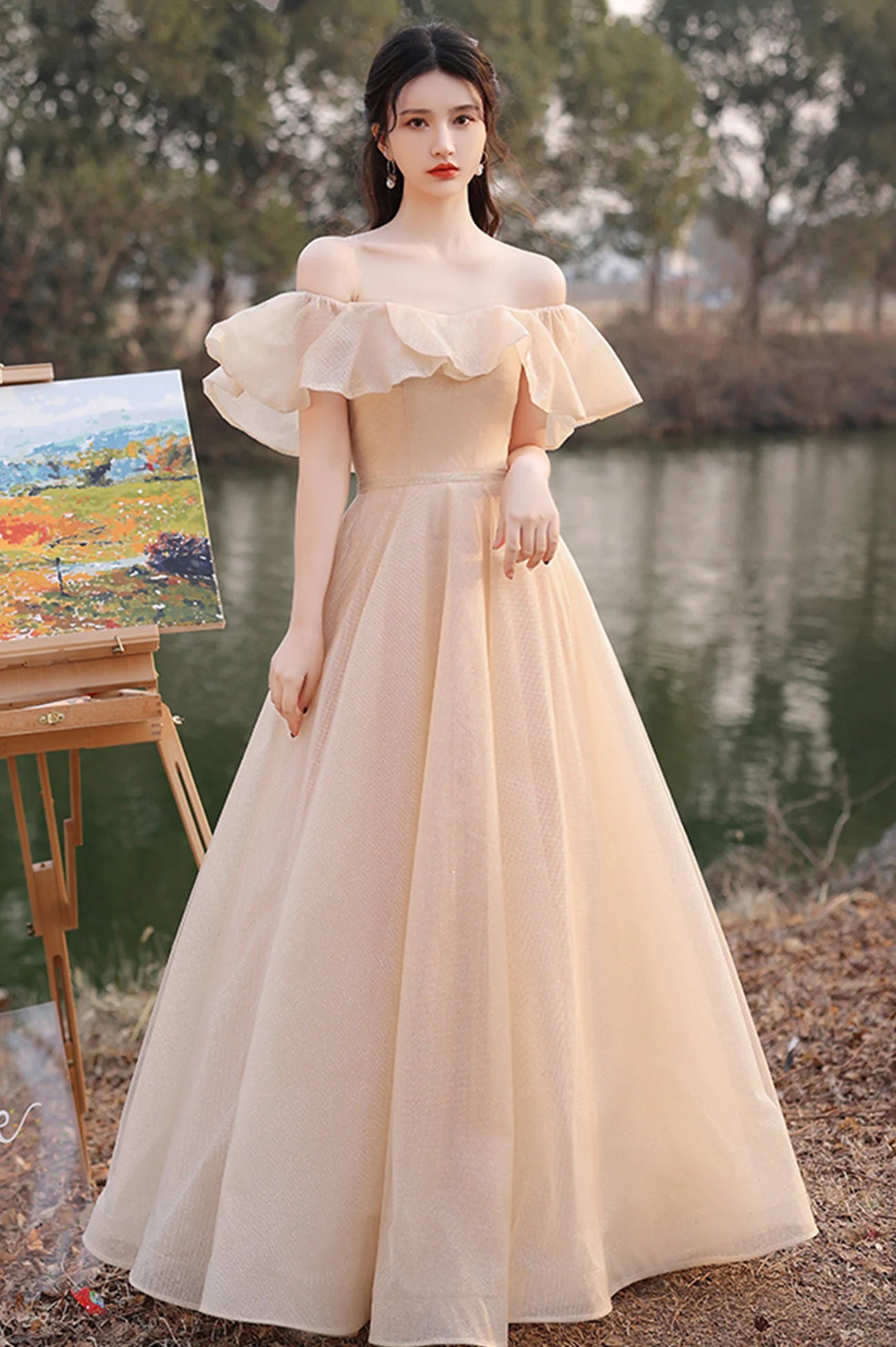 Champagne Lace-Up Cute Tulle Long A-Line Prom Dresses Party Dresses