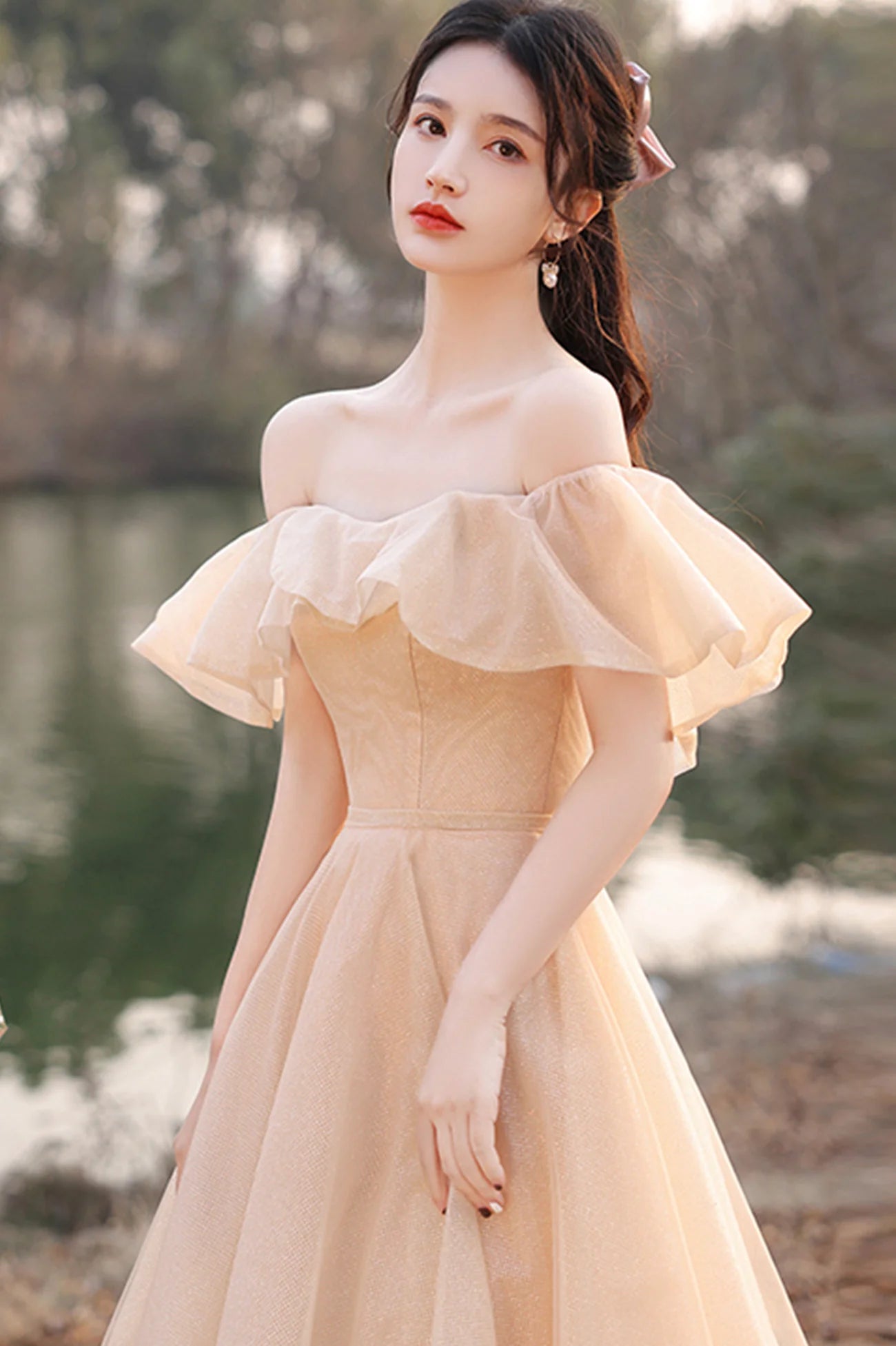 Champagne Lace-Up Cute Tulle Long A-Line Prom Dresses Party Dresses