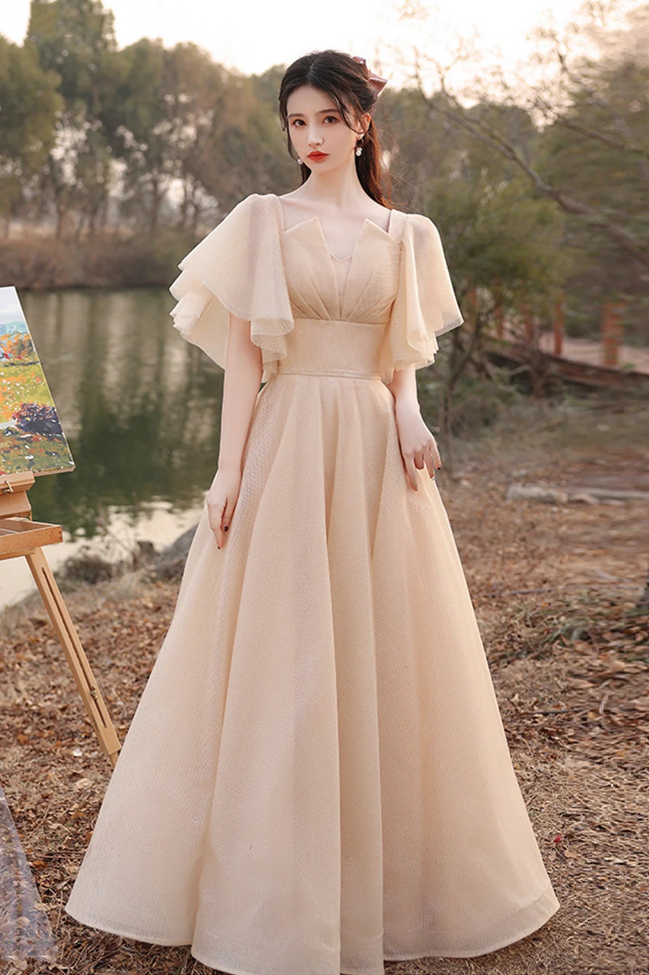 Champagne Lace-Up Cute Tulle Long A-Line Prom Dresses Party Dresses