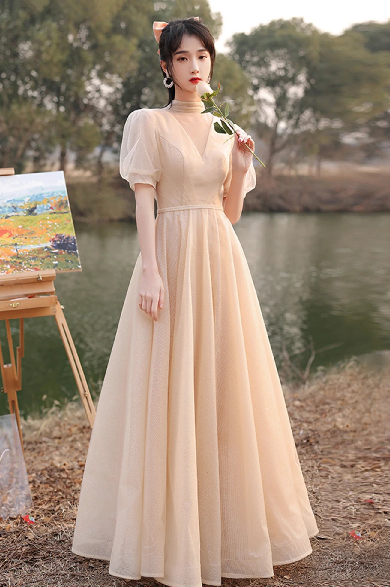 Champagne Lace-Up Cute Tulle Long A-Line Prom Dresses Party Dresses