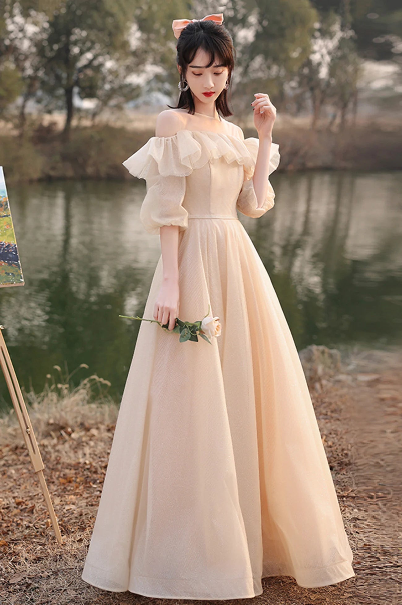 Champagne Lace-Up Cute Tulle Long A-Line Prom Dresses Party Dresses