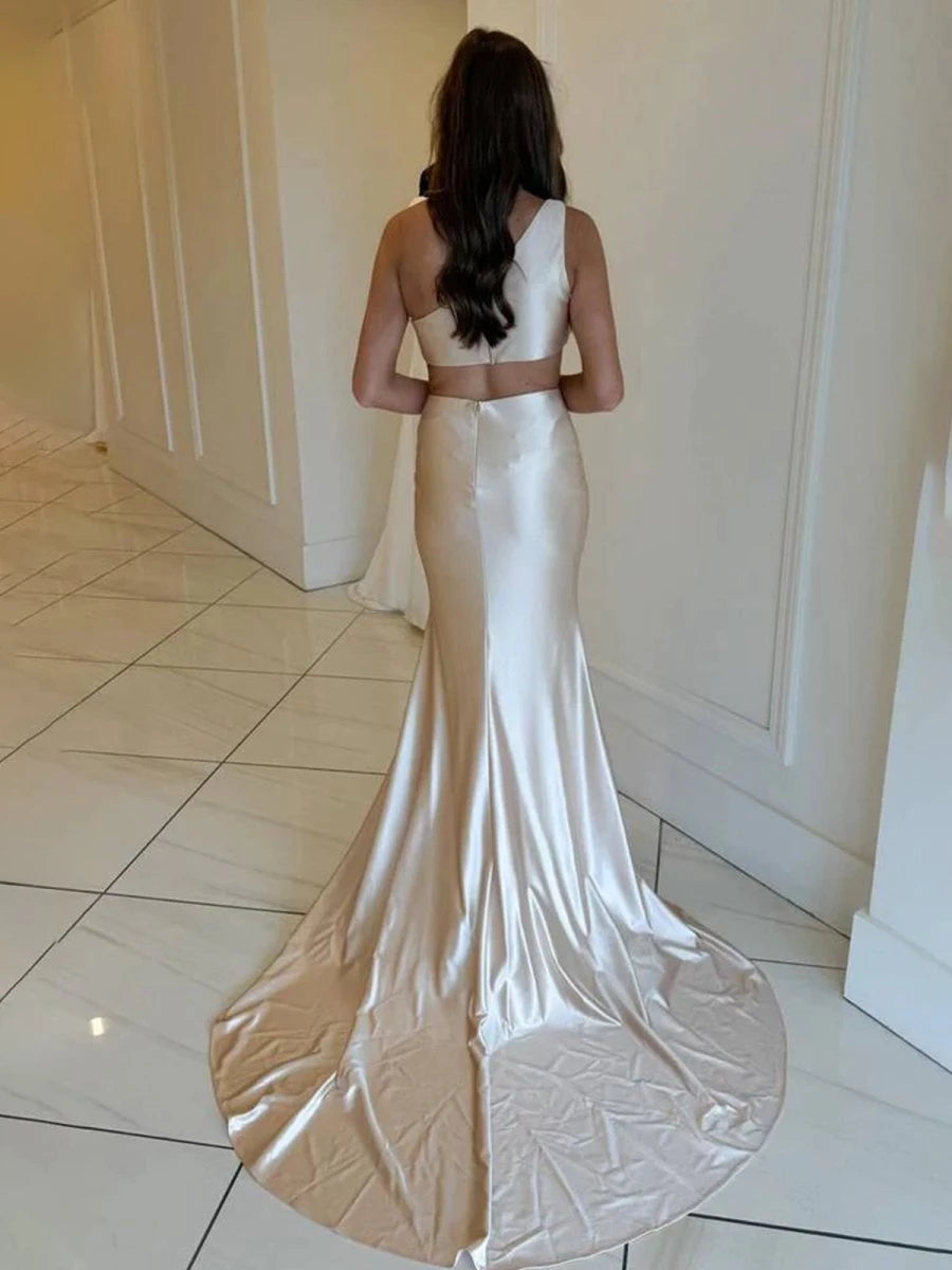Champagne One-Shoulder Mermaid Satin Long Sleeveless Sweep Train Length Lace-up Back Evening Dresses Evening Dresses Prom Dress