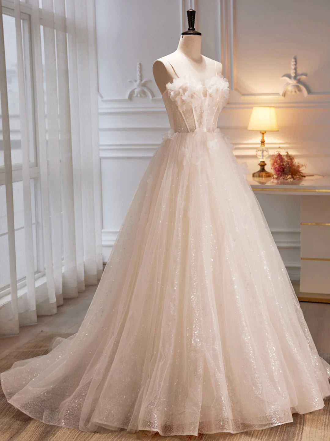 Champagne Spaghetti Strap Tulle Champagne Long Prom Dress Evening Party Dress