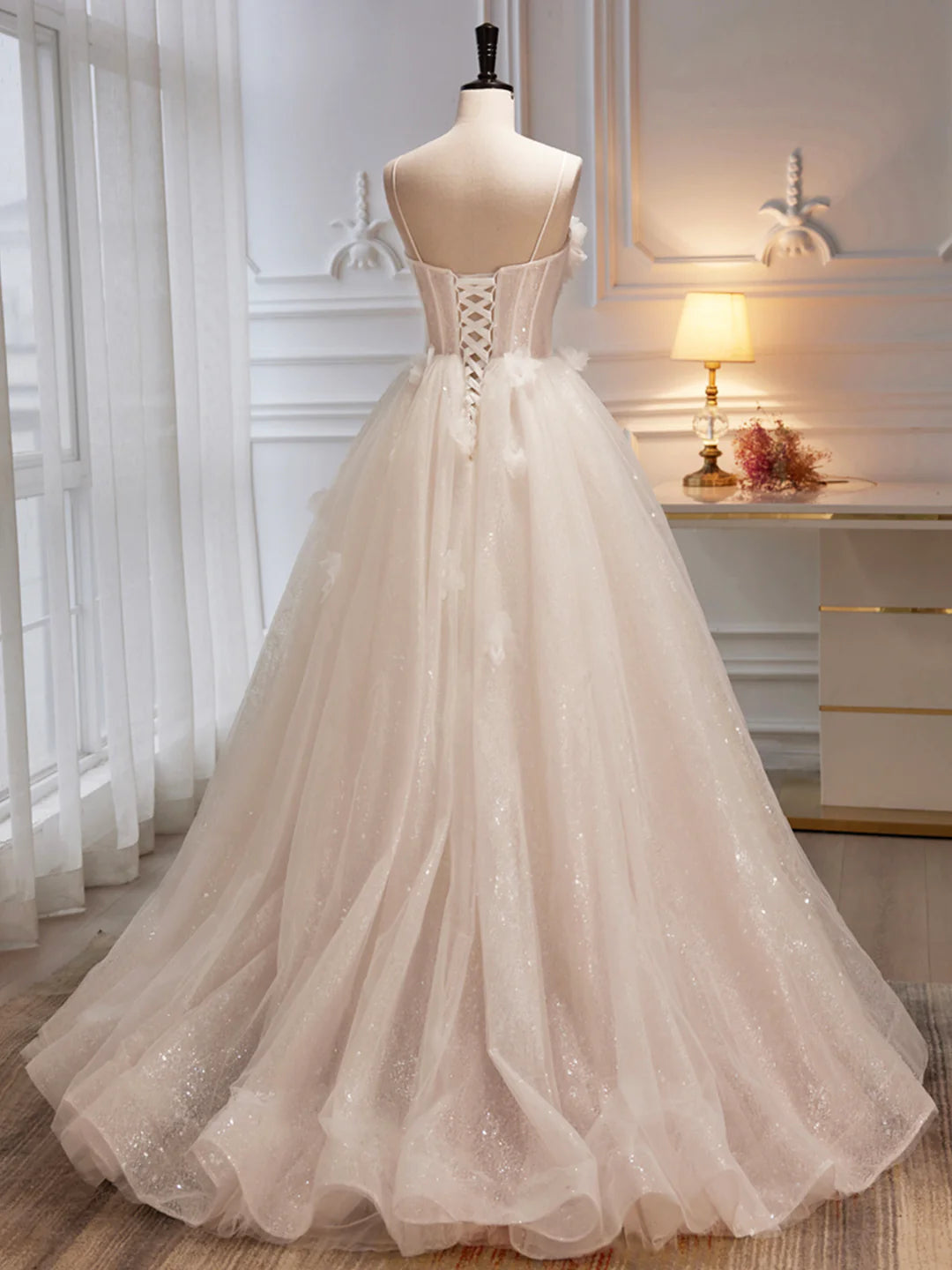 Champagne Spaghetti Strap Tulle Champagne Long Prom Dress Evening Party Dress