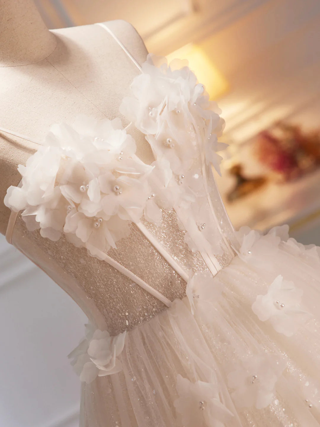 Champagne Spaghetti Strap Tulle Champagne Long Prom Dress Evening Party Dress