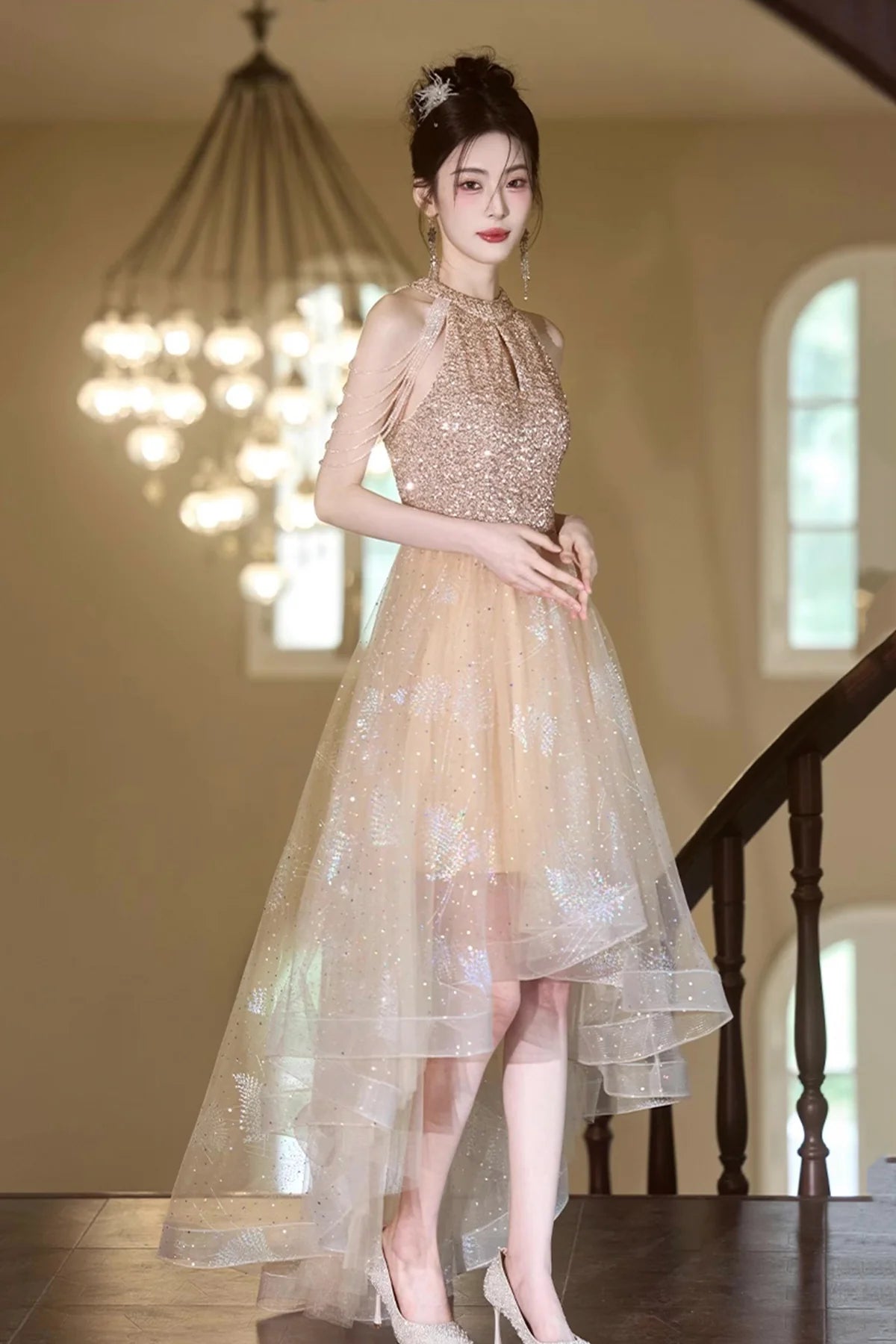 Champagne Tulle Beads Floor length Prom Dress Lovely A-Line Hight Low Party Dress