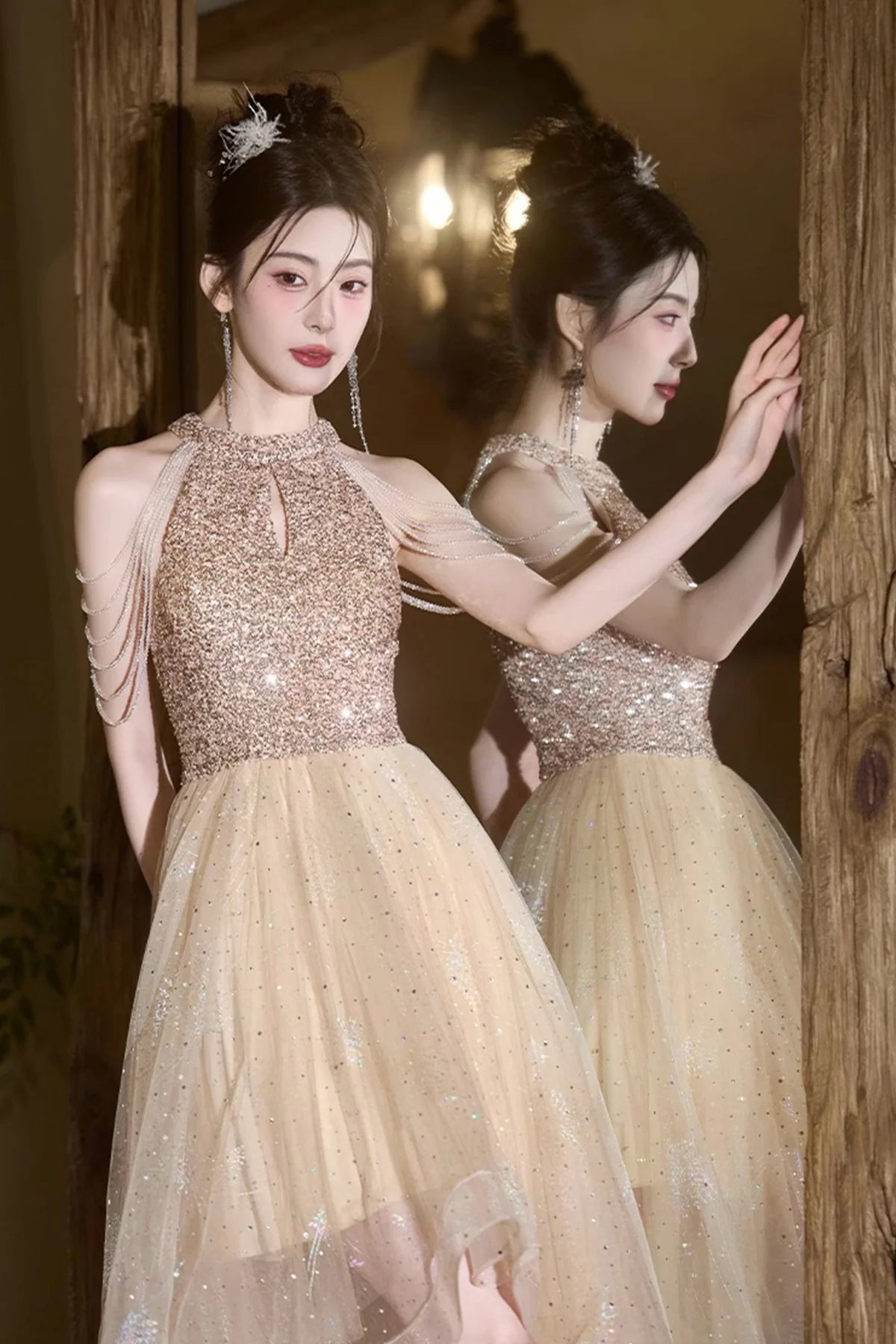 Champagne Tulle Beads Floor length Prom Dress Lovely A-Line Hight Low Party Dress