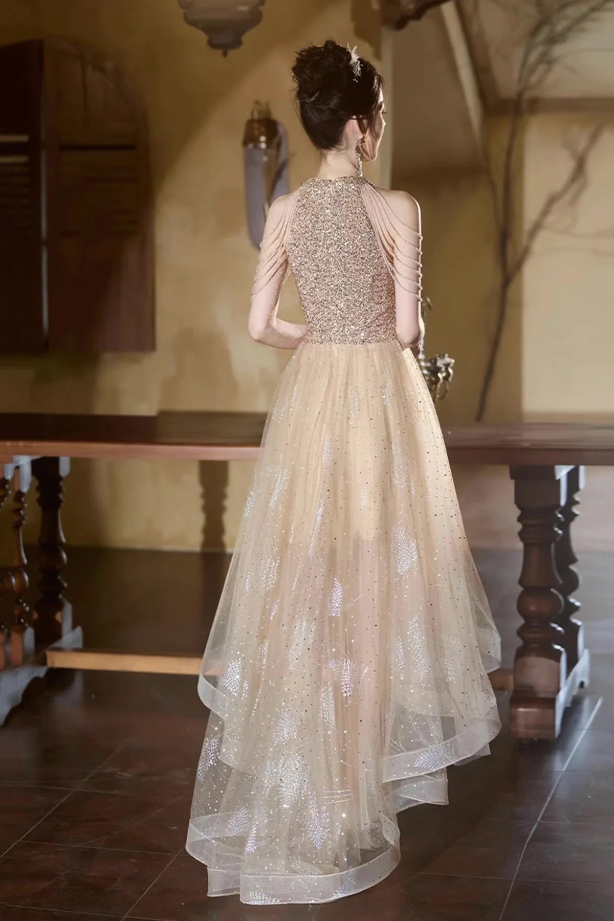 Champagne Tulle Beads Floor length Prom Dress Lovely A-Line Hight Low Party Dress