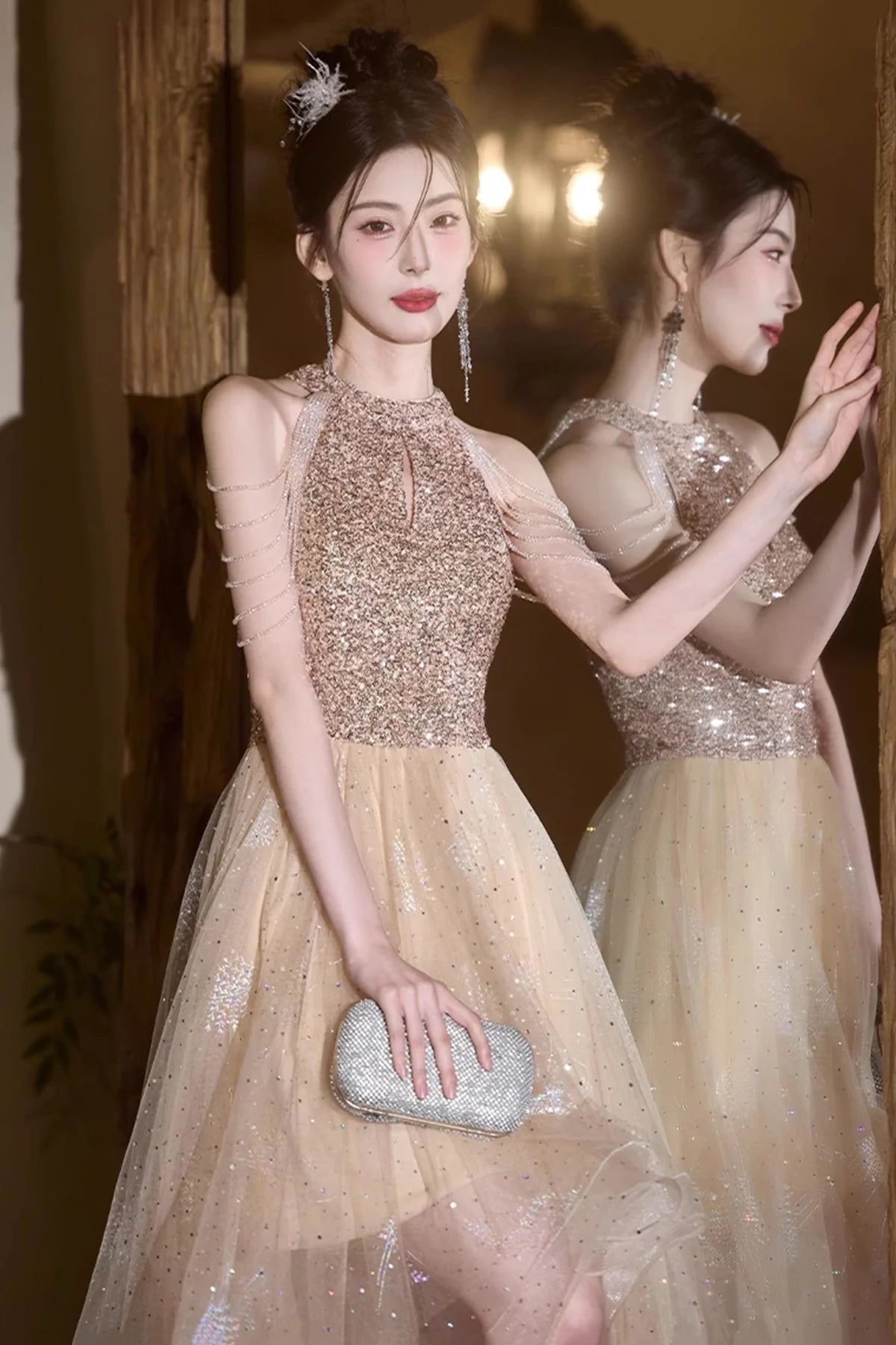 Champagne Tulle Beads Floor length Prom Dress Lovely A-Line Hight Low Party Dress