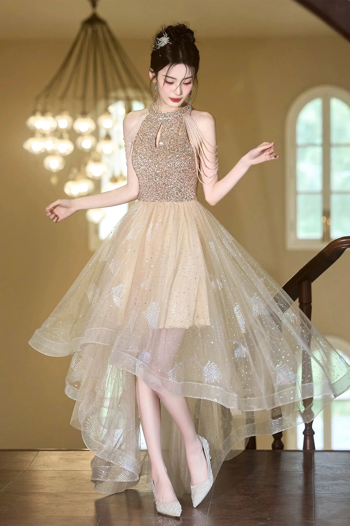 Champagne Tulle Beads Floor length Prom Dress Lovely A-Line Hight Low Party Dress