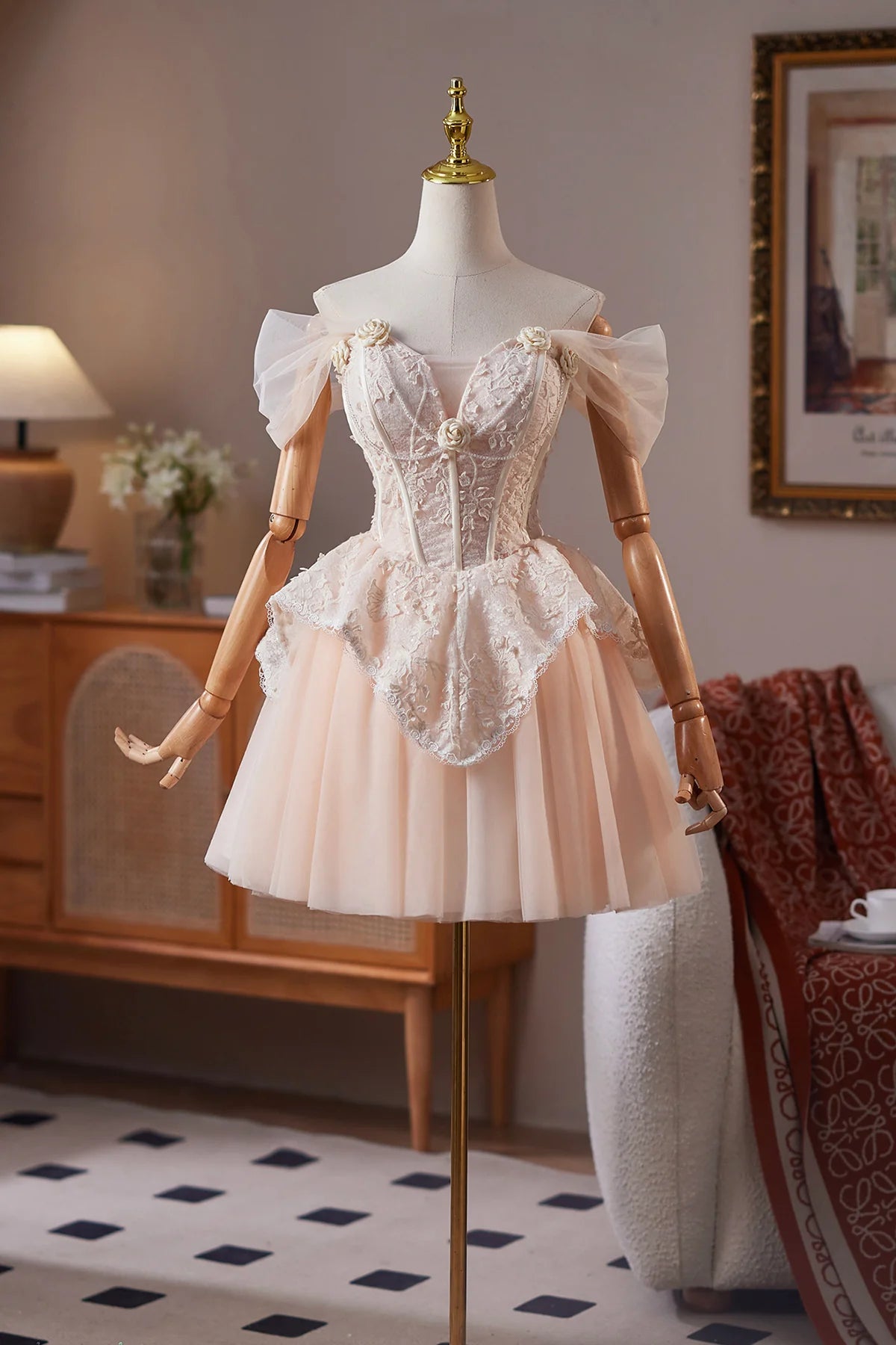 Champagne Tulle Lace Short Prom Dress Knee length Off the Shoulder A-Line Party Dress