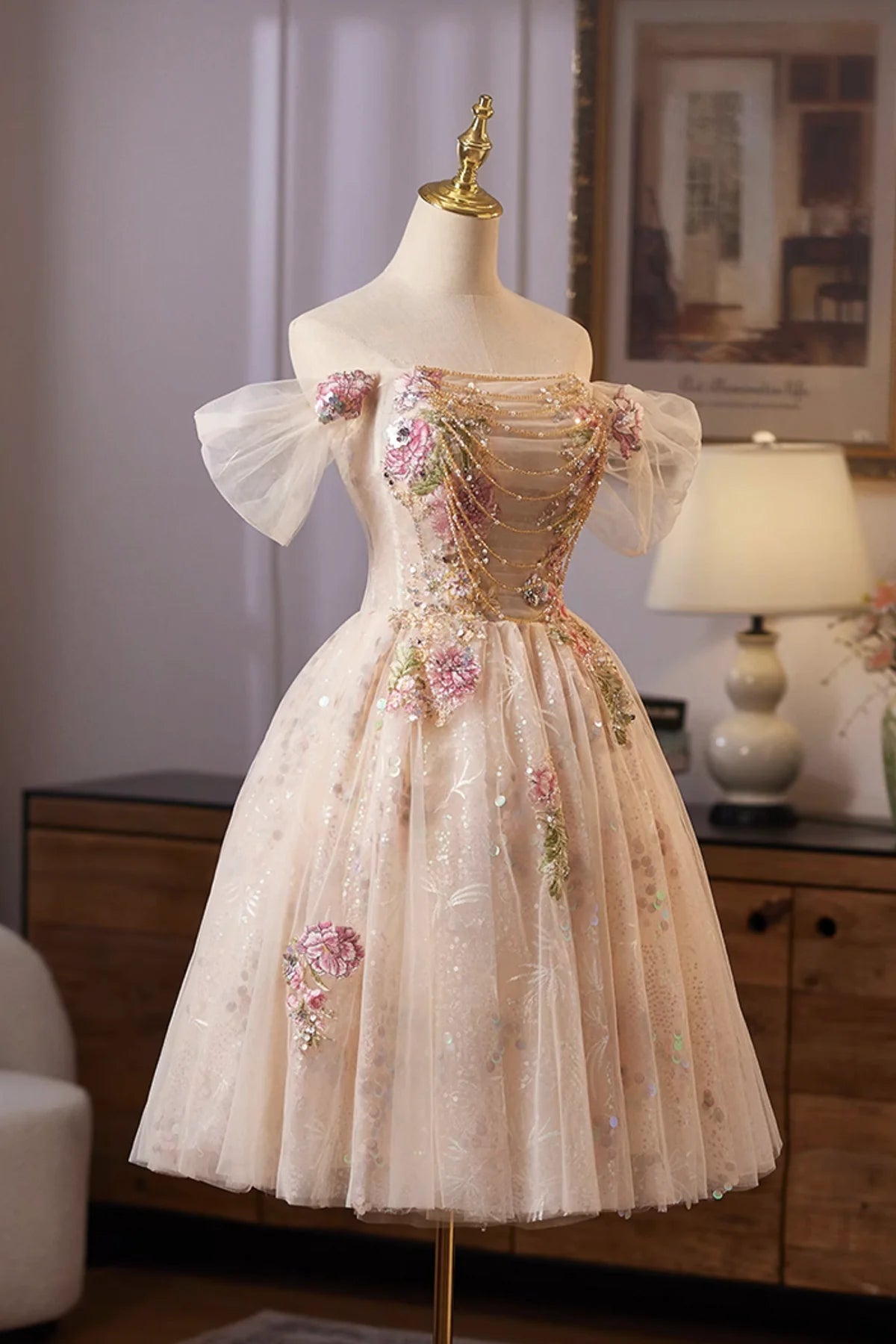 Champagne Tulle Sequins Short Knee length Prom Dress Lovely A-Line Homecoming Party Dress