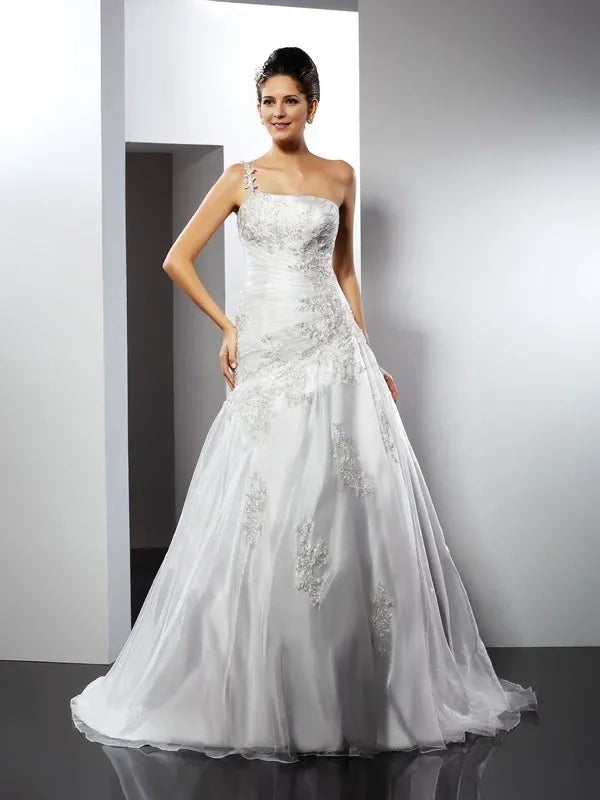 Chapel Satin One-Shoulder Sleeveless Train With Applique Wedding Dresses