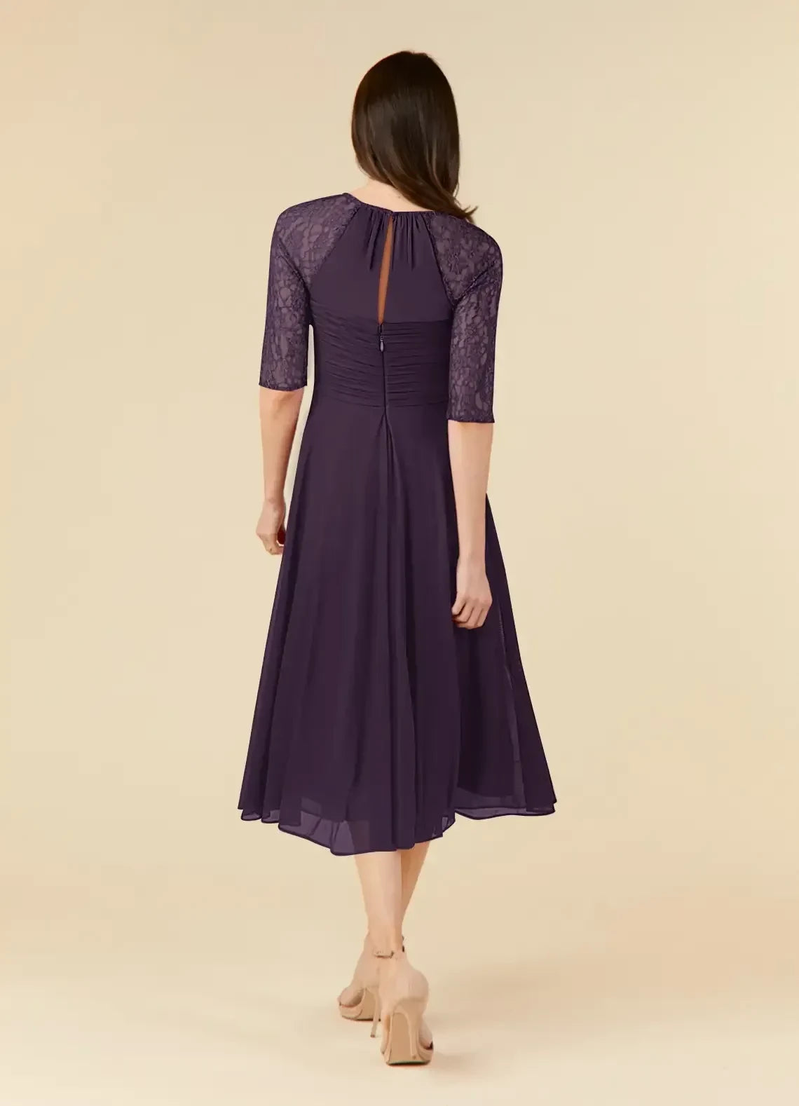 Charming A Line Crew Neck Lace Three Quarter Sleeve Keyhole Back Midi Length Mother of the Bride Dress ﻿
