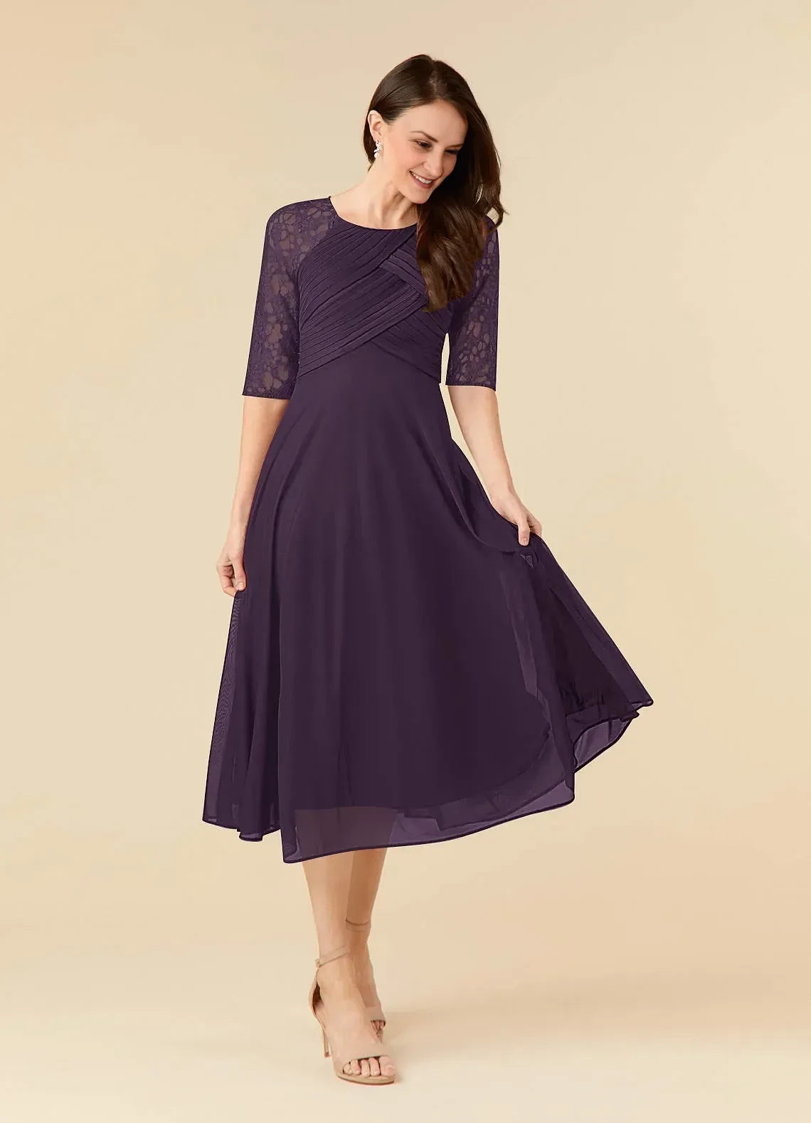Charming A Line Crew Neck Lace Three Quarter Sleeve Keyhole Back Midi Length Mother of the Bride Dress ﻿