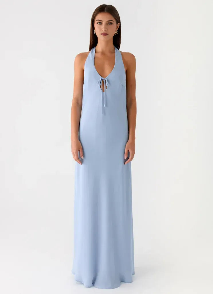 Charming A Line Halter Neck Sleeveless Draped Back Floor Length Plus Size Evening Dress