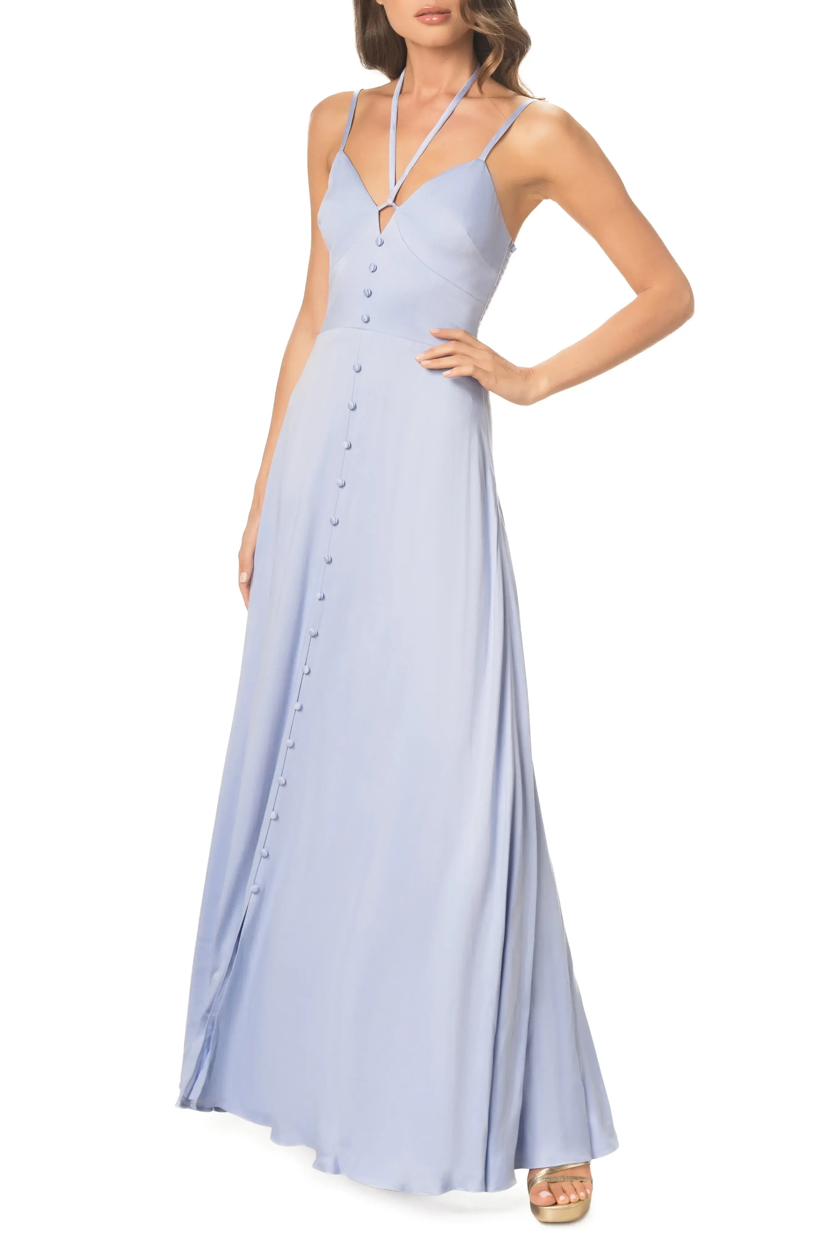 Charming A Line Halter Neck Sleeveless Smocked Back Floor Length Evening Dress