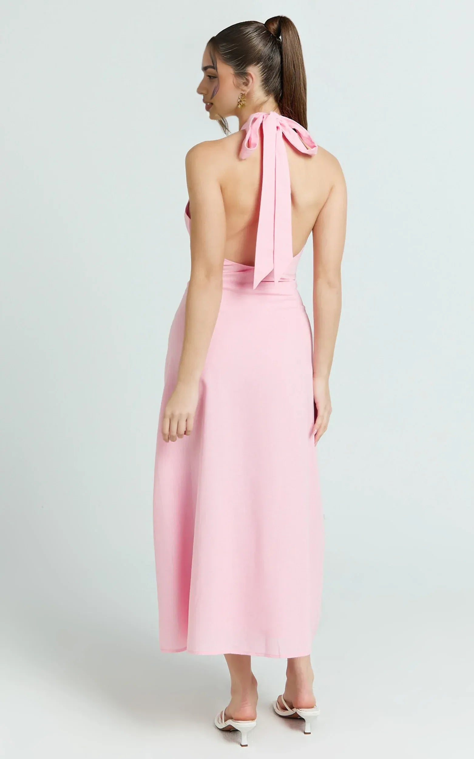 Charming A Line Halter Sleeveless Tie Back Midi Plus Size Evening Dress