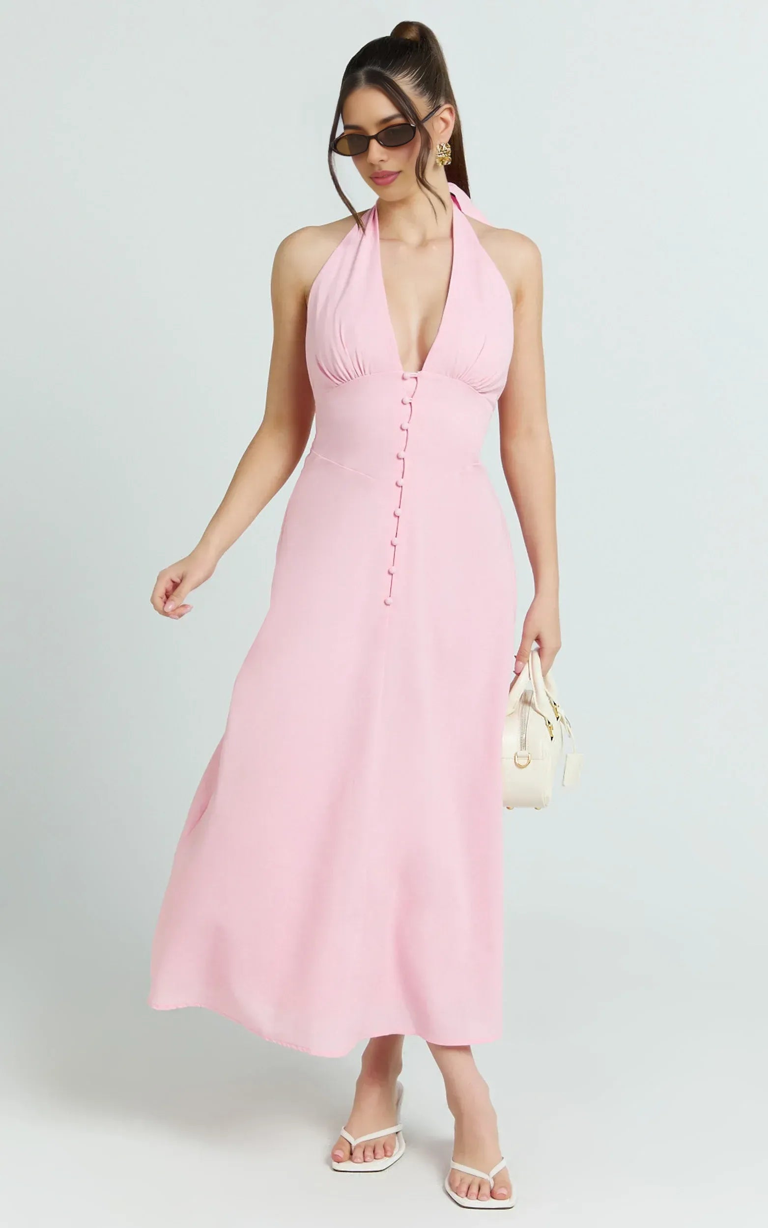 Charming A Line Halter Sleeveless Tie Back Midi Plus Size Evening Dress
