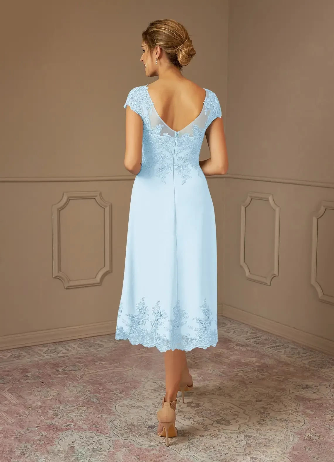 Charming A Line Illusion Neck Cap Sleeve Zipper Back Midi Length Mother of the Bride Dress ﻿
