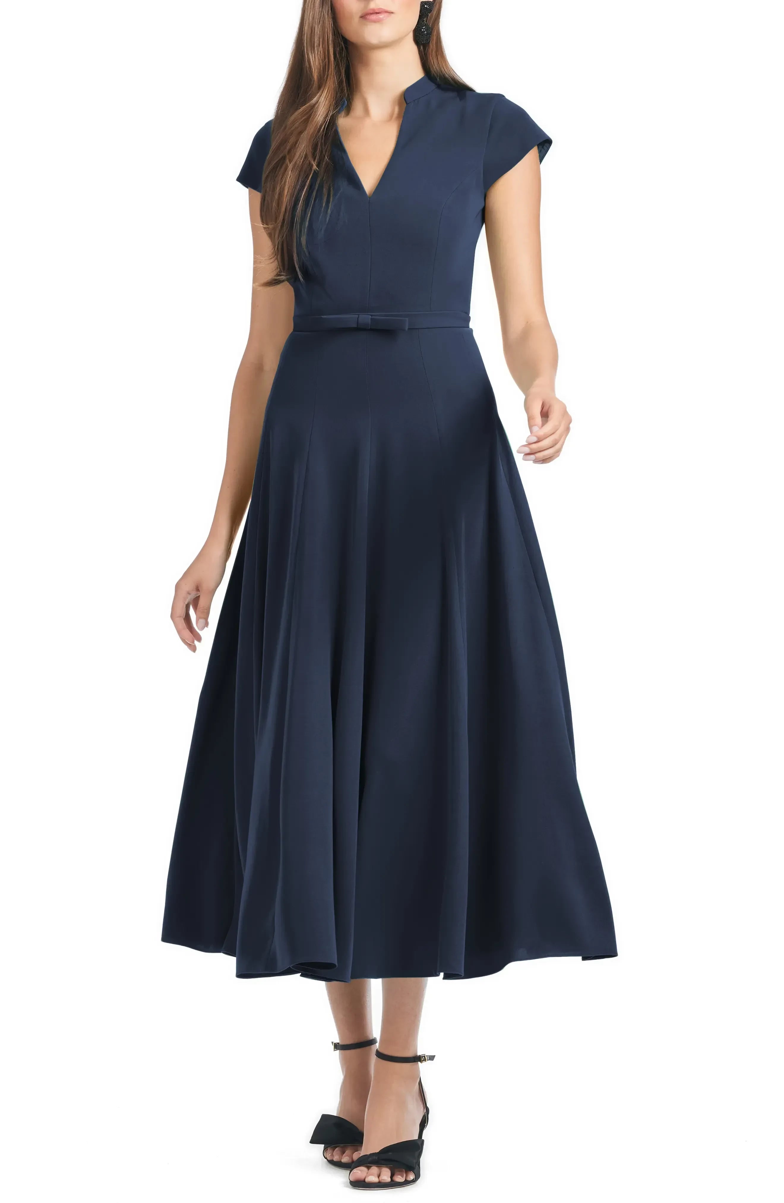Charming A Line Notch Neck Cap Sleeve Zipper Back Midi Length Bridesmaid Dress