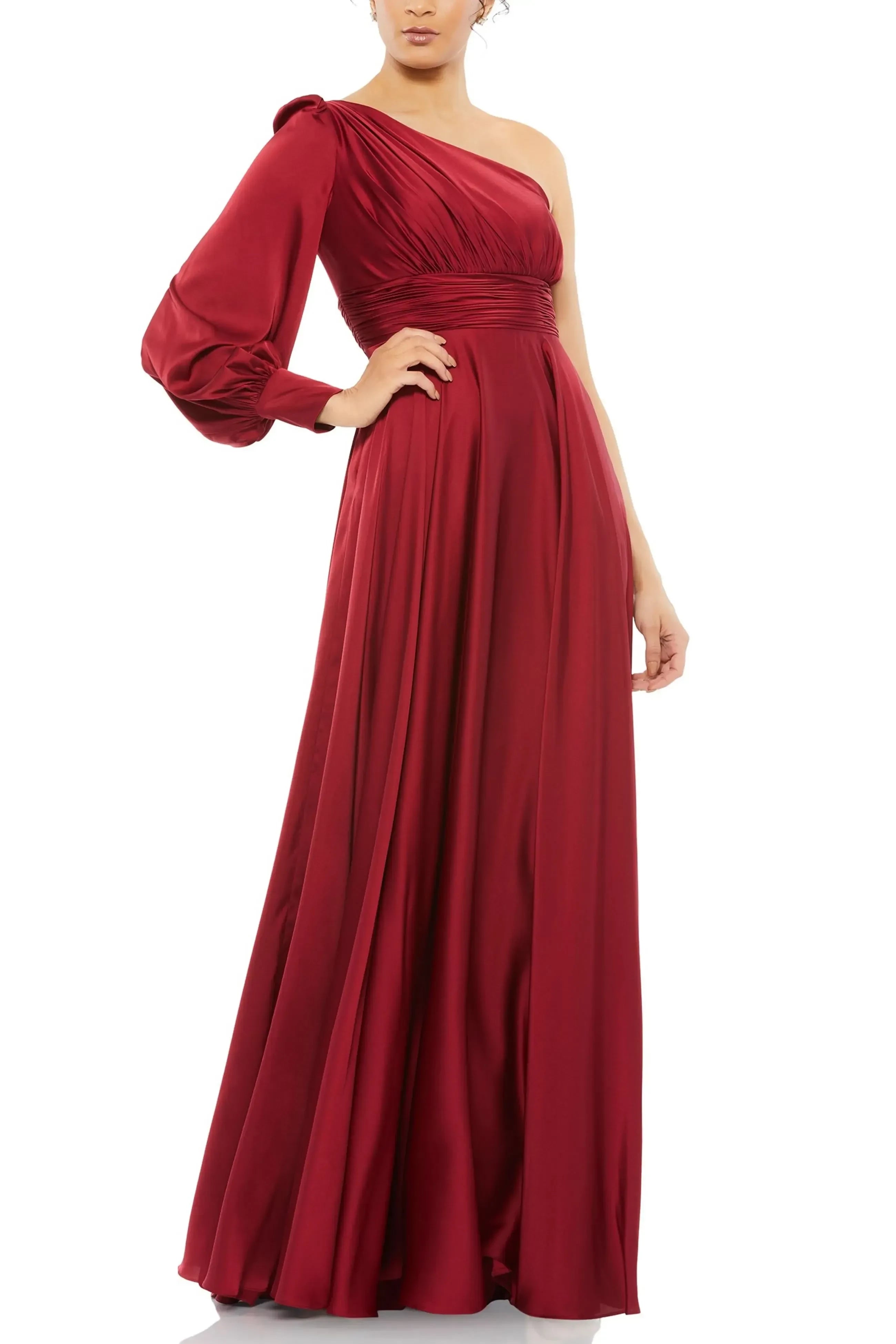 Charming A Line One Shoulder Long Sleeve Zipper Back Floor Length Bridesmaid Dress