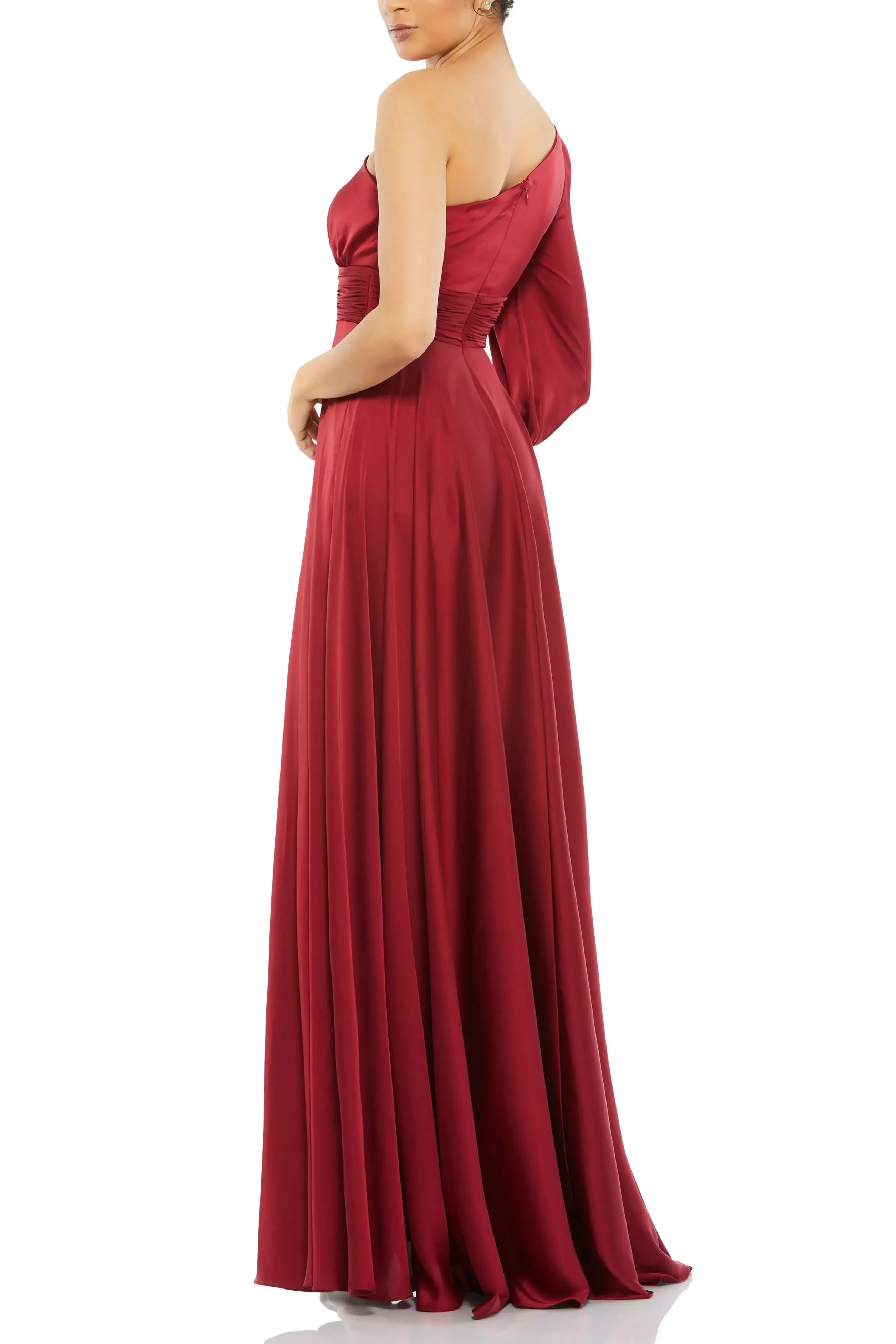 Charming A Line One Shoulder Long Sleeve Zipper Back Floor Length Bridesmaid Dress