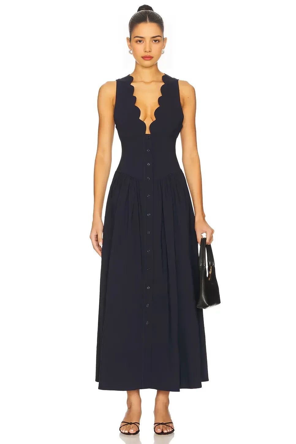 Charming A Line Scallop Neck Sleeveless Smocked Back Midi Evening Dress