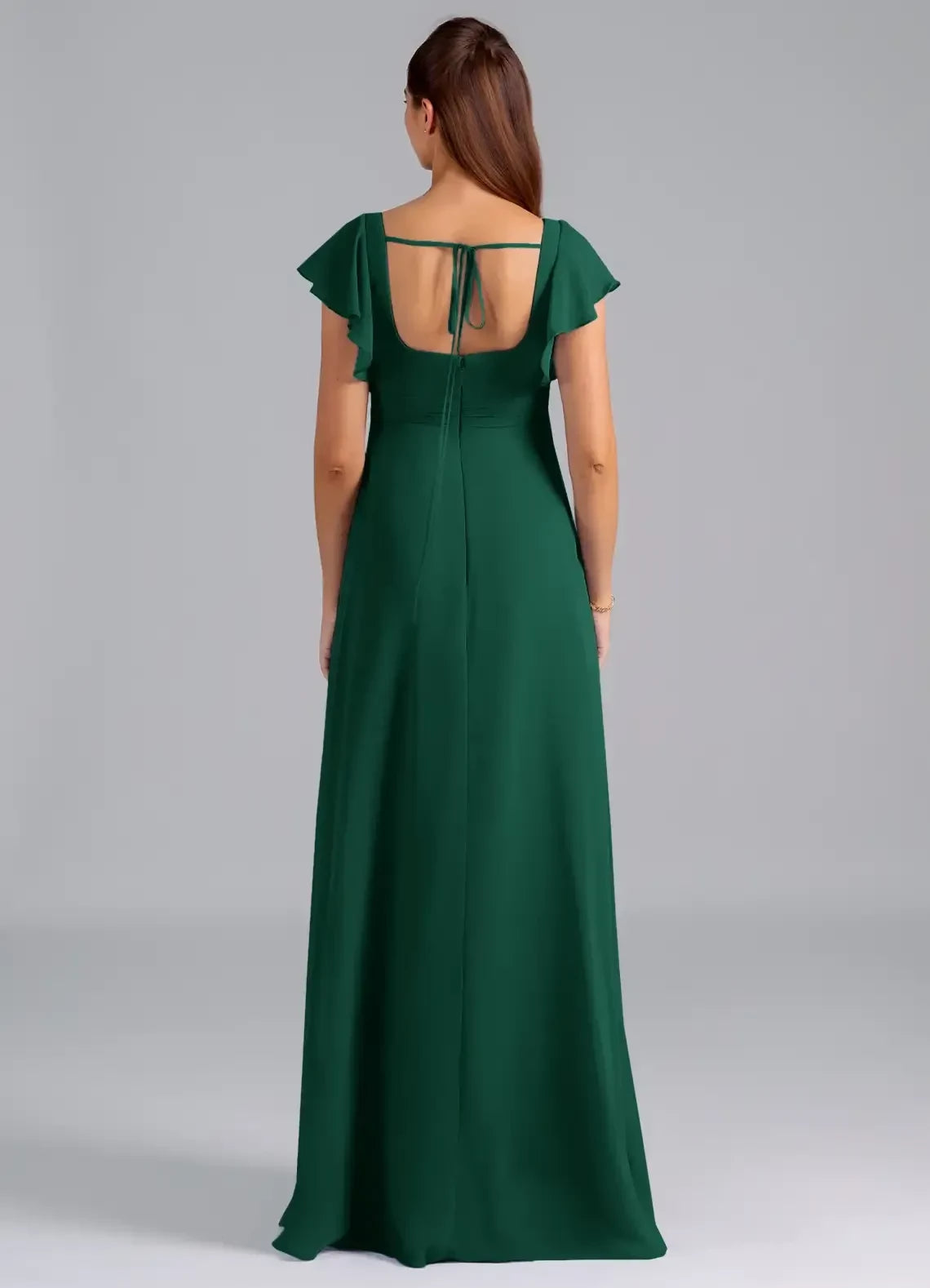 Charming A Line Square Neck Flutter Sleeve Tie Back Floor Length Bridesmaid Dress ﻿