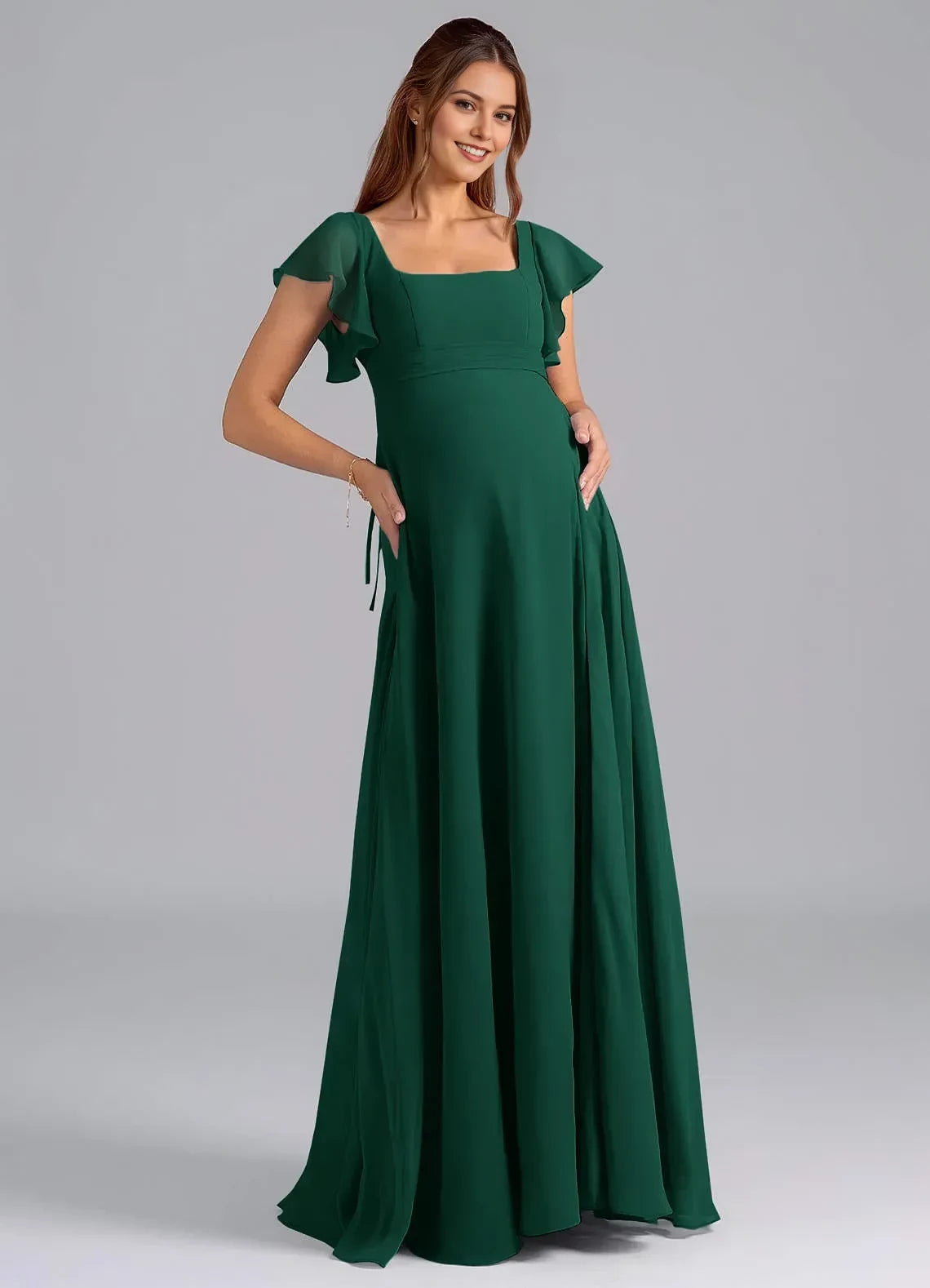 Charming A Line Square Neck Flutter Sleeve Tie Back Floor Length Bridesmaid Dress ﻿