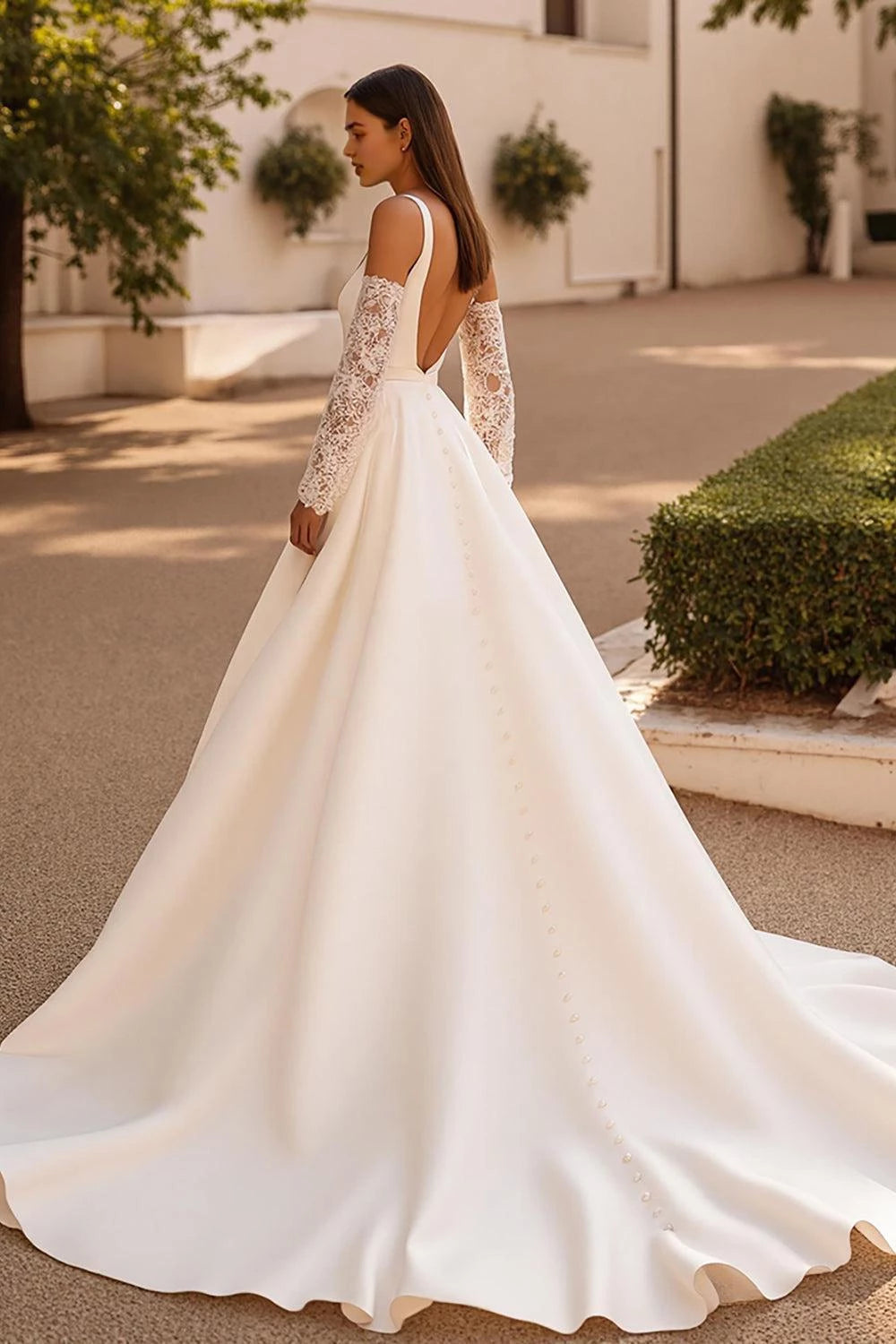 Charming A Line Square Neck Lace Sleeveless Button Back Floor Length Wedding Dress