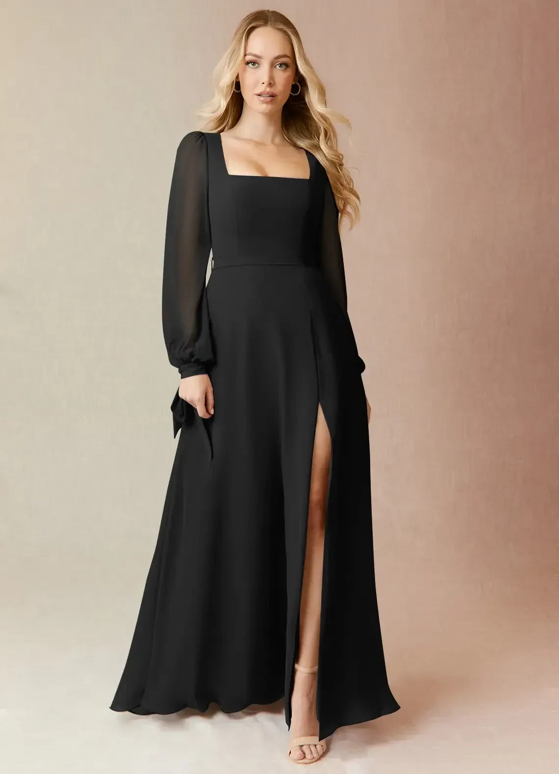 Charming A Line Square Neck Long Sleeve Tie Back Floor Length Bridesmaid Dress