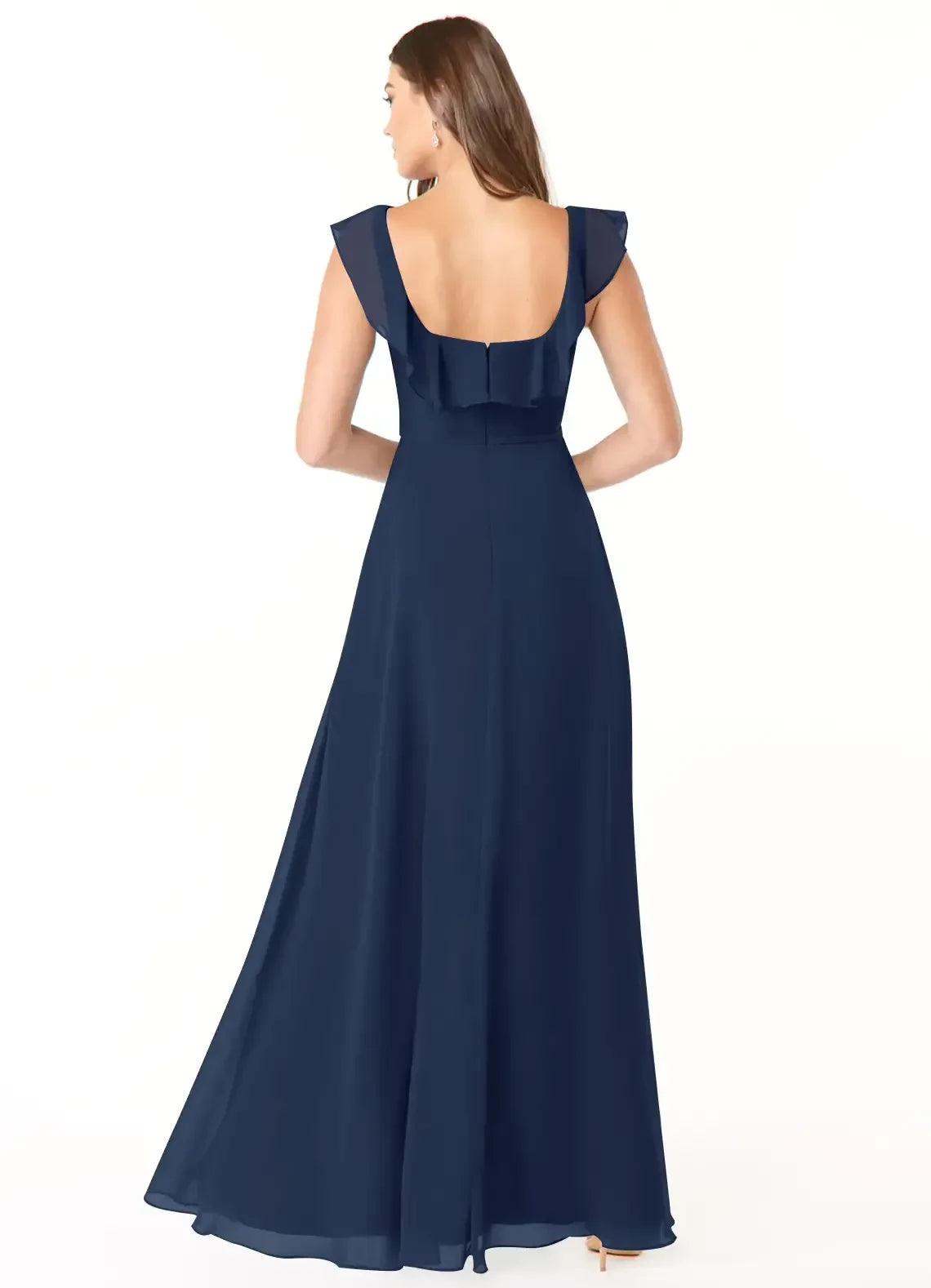 Charming A Line Square Neck Ruffled Sleeve Zipper Back Floor Length Bridesmaid Dress