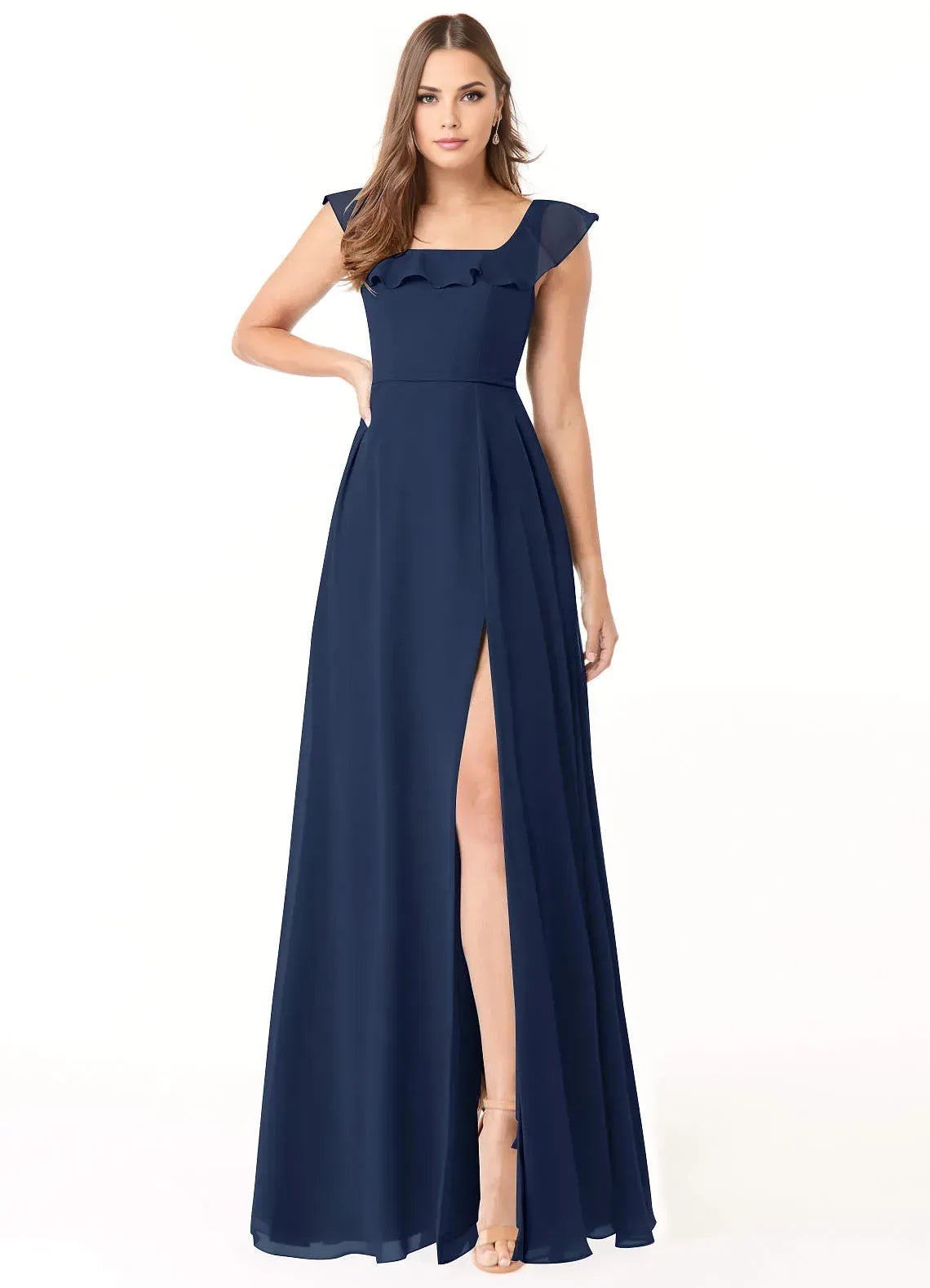 Charming A Line Square Neck Ruffled Sleeve Zipper Back Floor Length Bridesmaid Dress