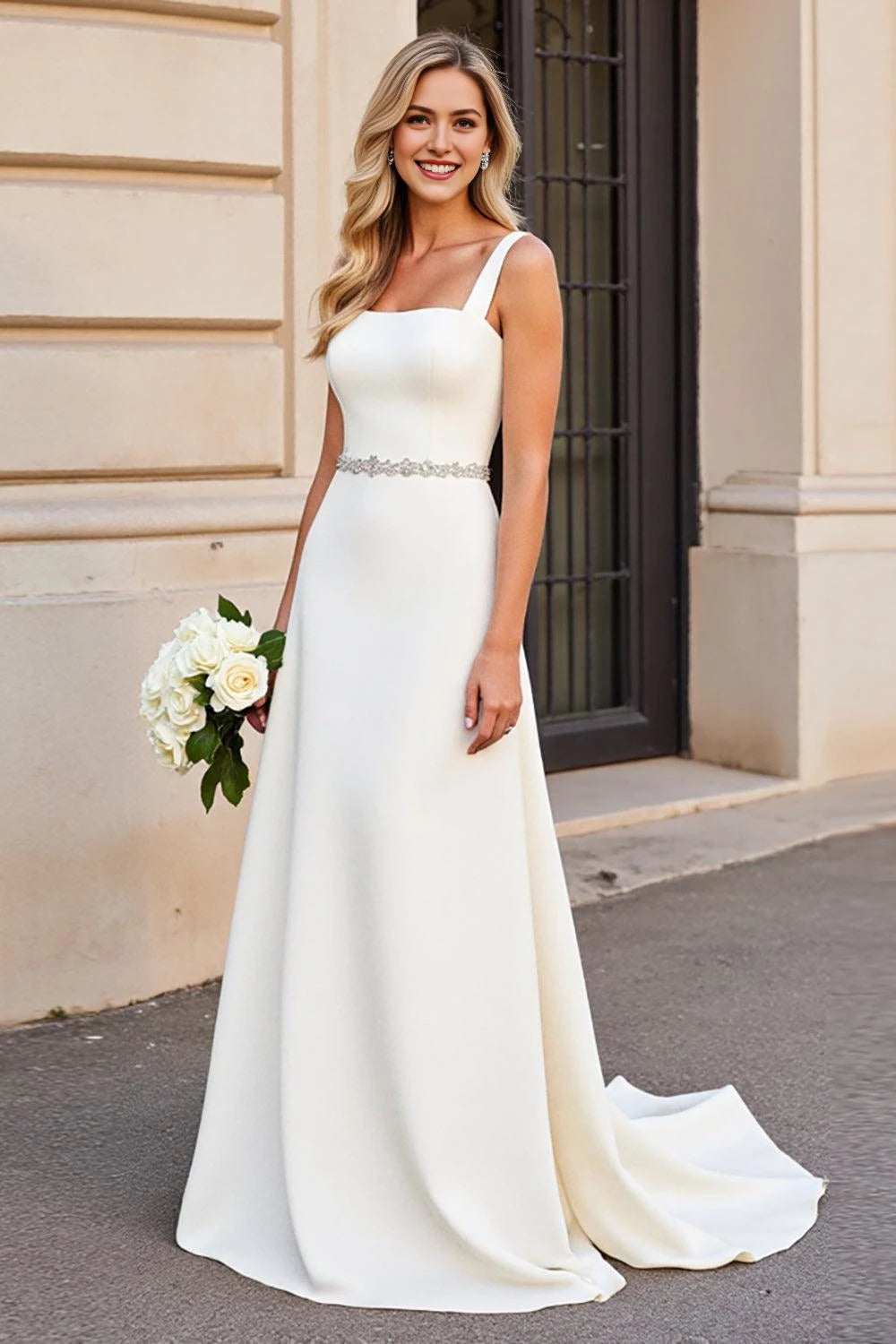 Charming A Line Square Neck Sleeveless Zipper Back Floor Length Wedding Dress