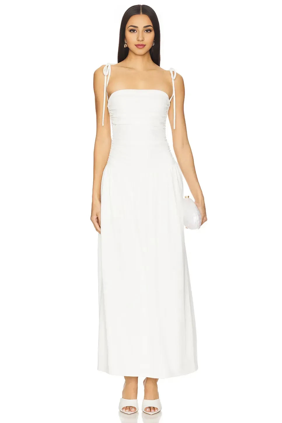Charming A Line Strapless Tie Sleeveless Strap Ruched Back Midi Evening Dress