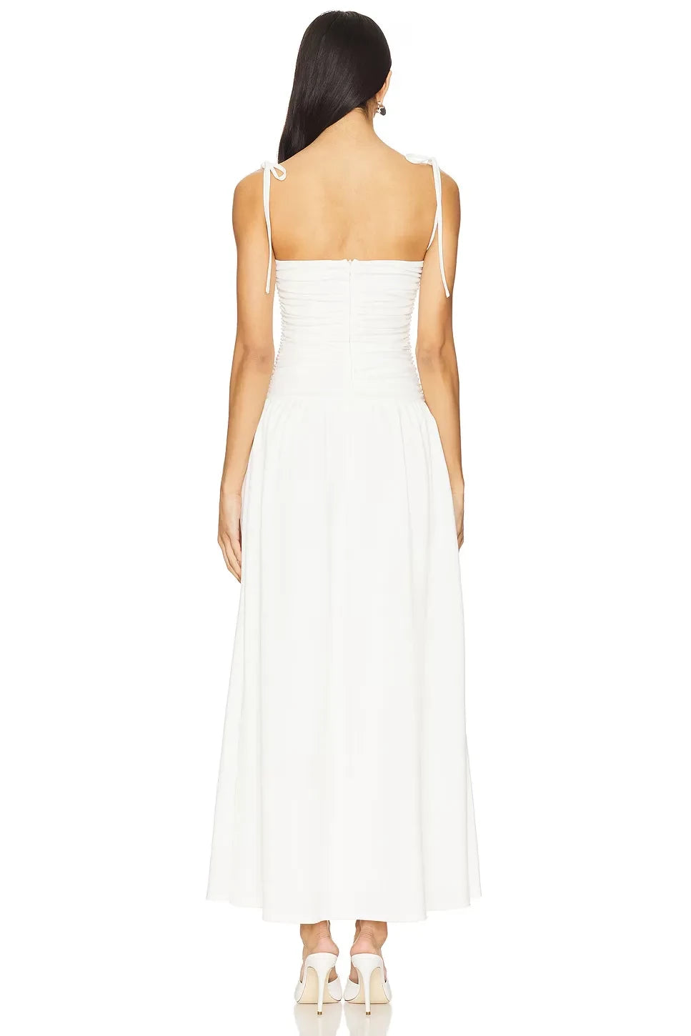 Charming A Line Strapless Tie Sleeveless Strap Ruched Back Midi Evening Dress