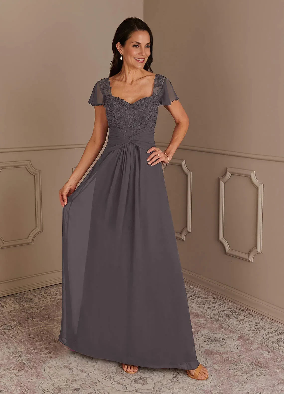 Charming A Line Sweetheart Neck Flutter Sleeve Zipper Back Floor Length Mother of the Bride Dress