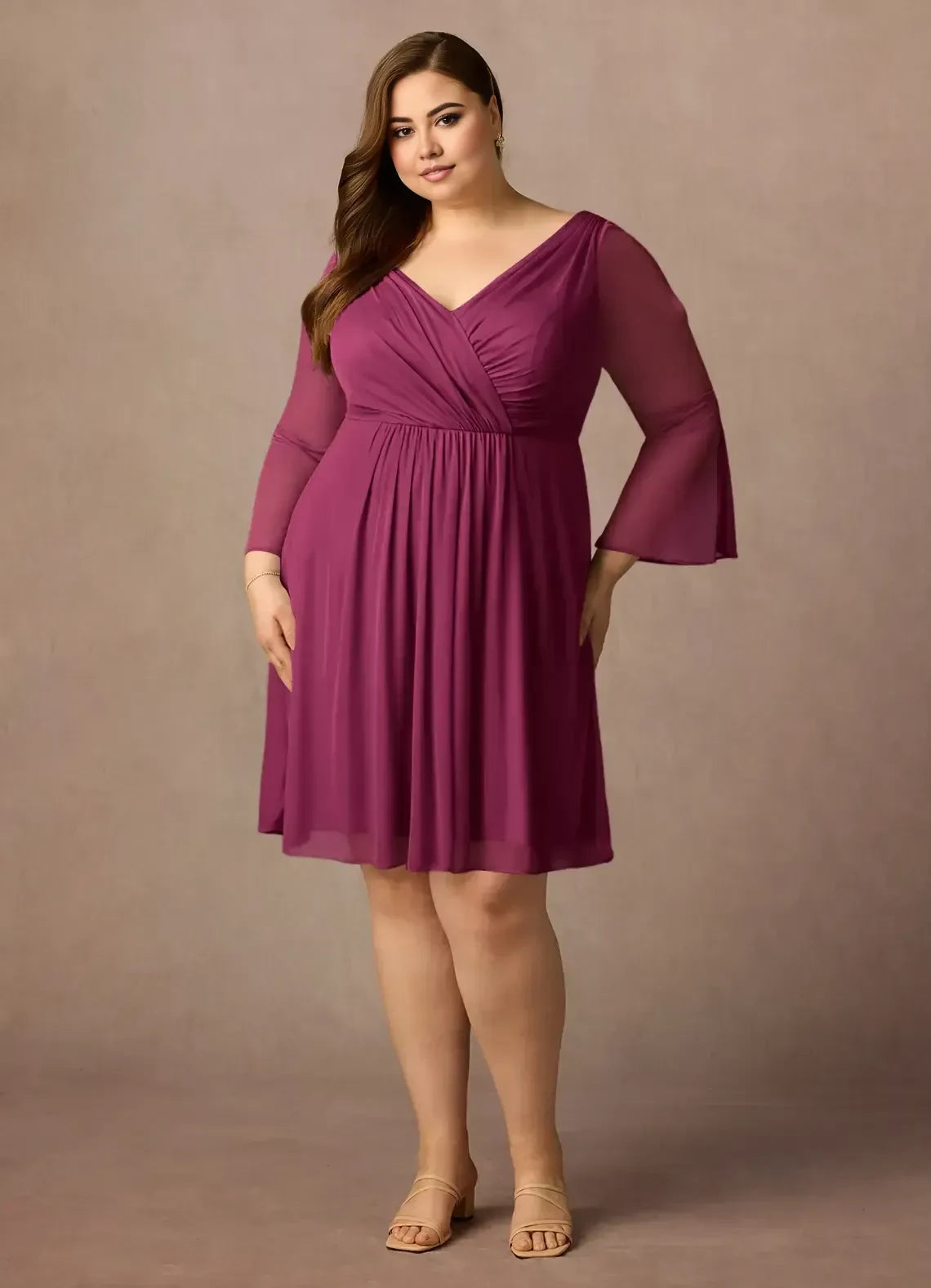 Charming A Line V Neck Bell Sleeve Zipper Back Plus Size Knee Length Mother of the Bride Dress