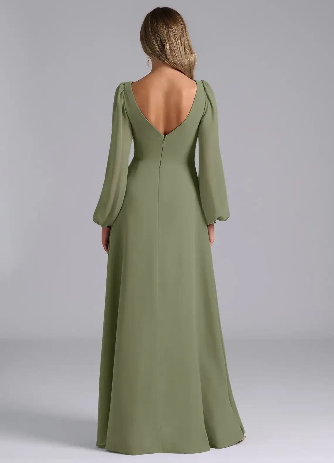Charming A Line V Neck Bishop Sleeve Open Back Floor Length Bridesmaid Dress