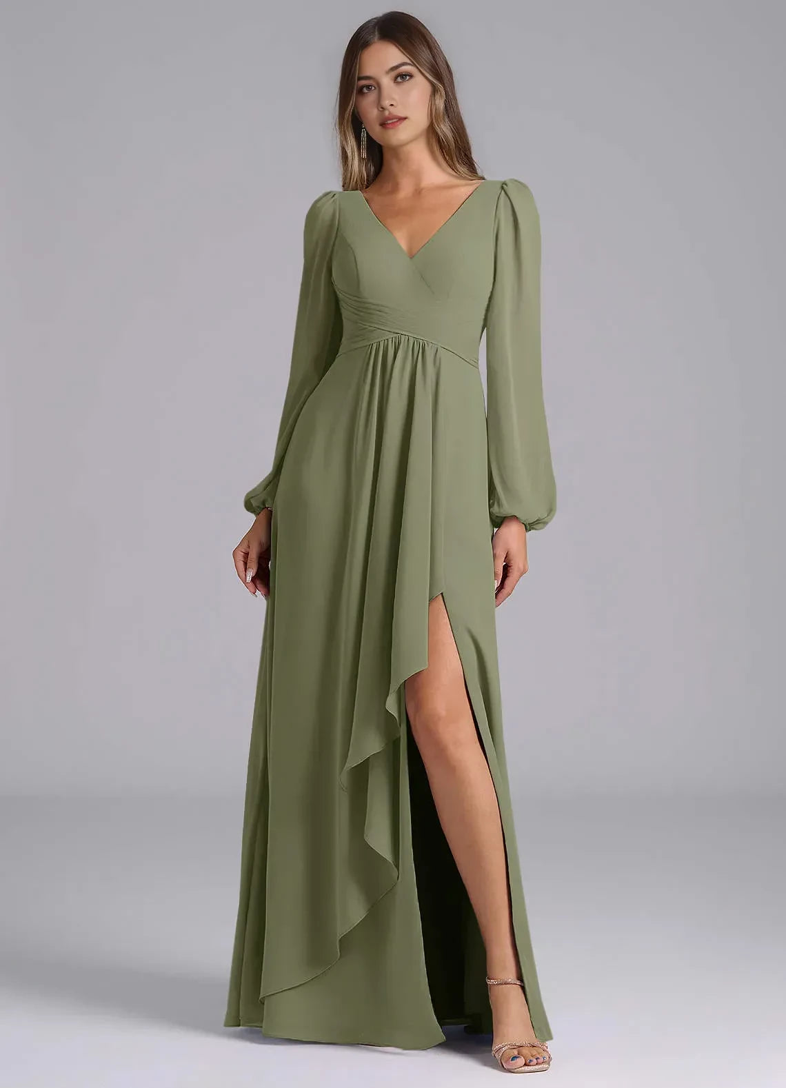 Charming A Line V Neck Bishop Sleeve Open Back Floor Length Bridesmaid Dress