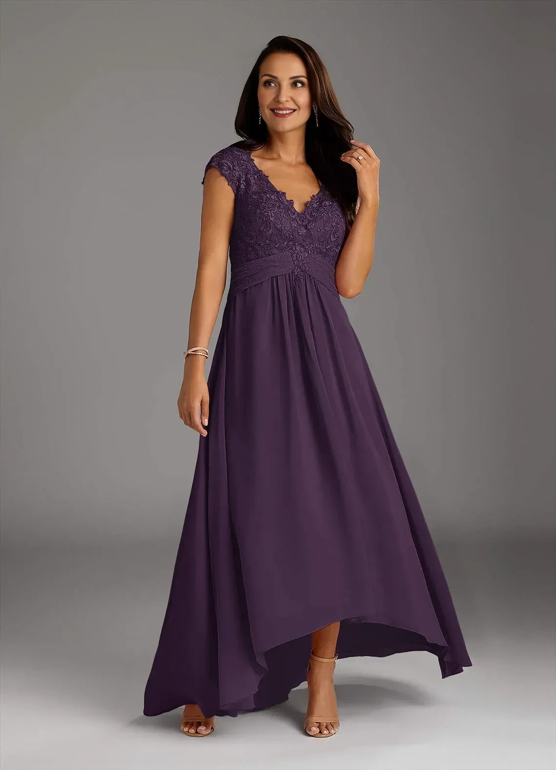 Charming A Line V Neck Cap Sleeve Lace Back High Low Mother of the Bride Dresses