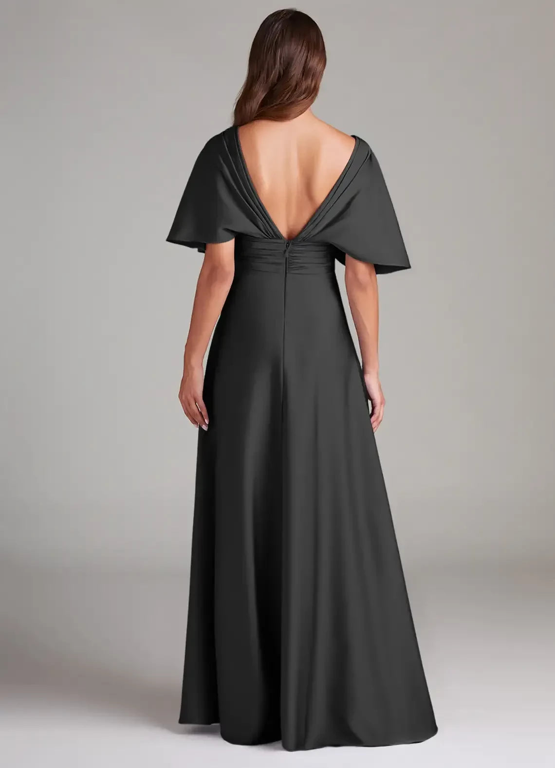 Charming A Line V Neck Flutter Sleeve V Back Floor Length Bridesmaid Dress
