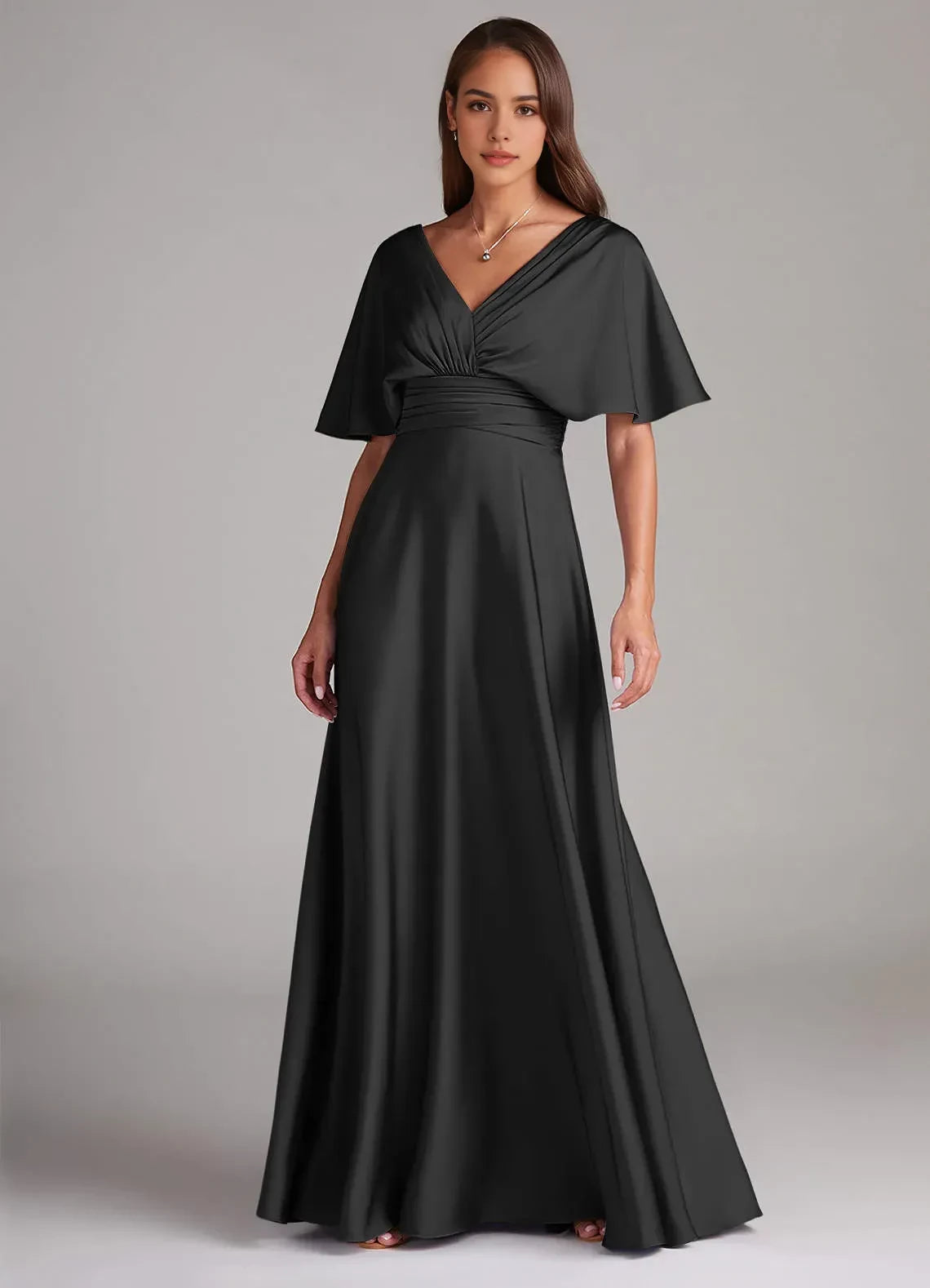 Charming A Line V Neck Flutter Sleeve V Back Floor Length Bridesmaid Dress