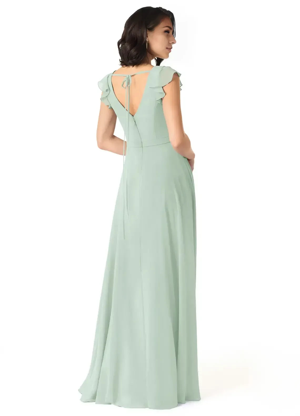 Charming A Line V Neck Ruffled Cap Sleeve Tie Back Floor Length Bridesmaid Dress