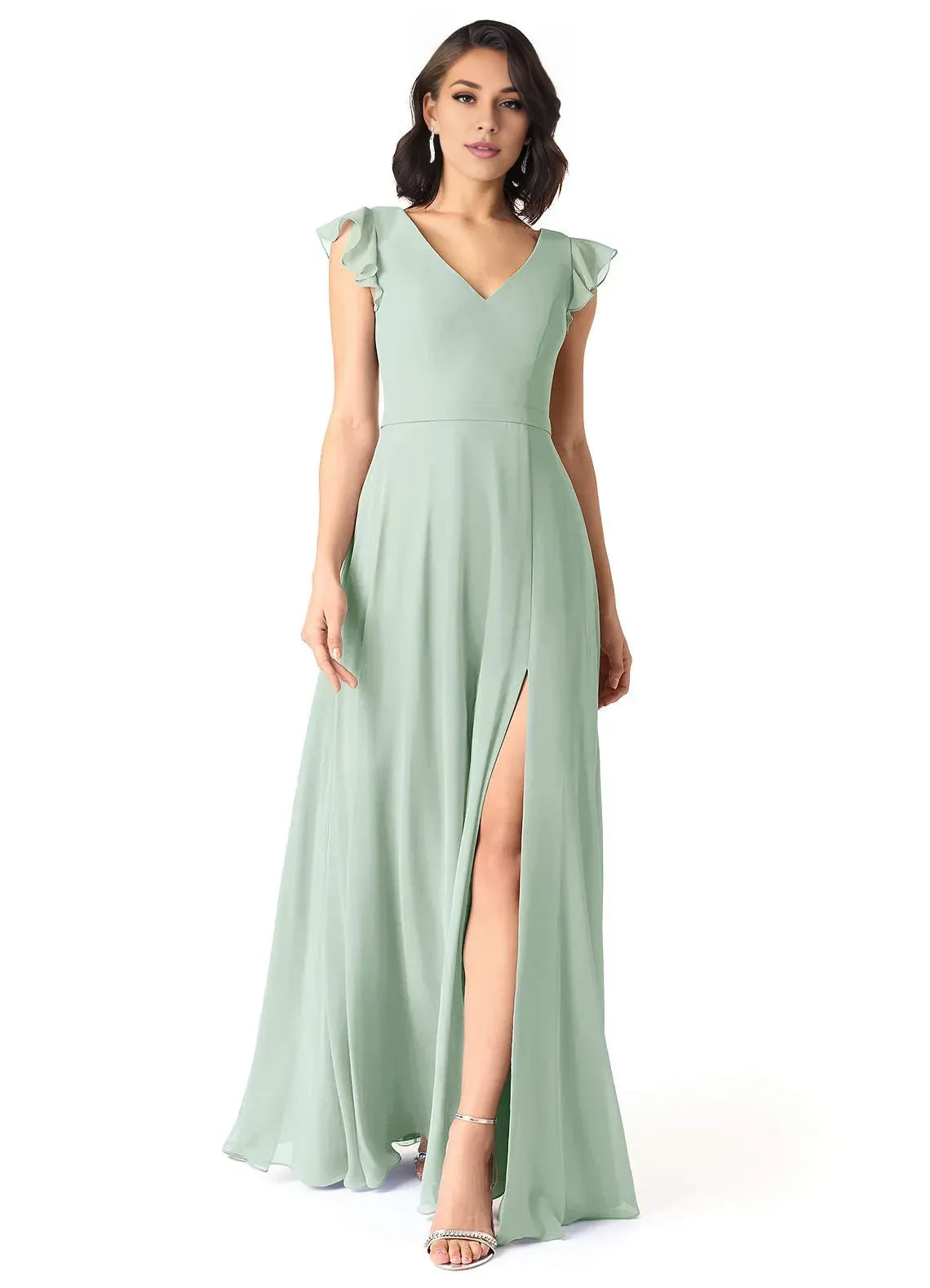 Charming A Line V Neck Ruffled Cap Sleeve Tie Back Floor Length Bridesmaid Dress