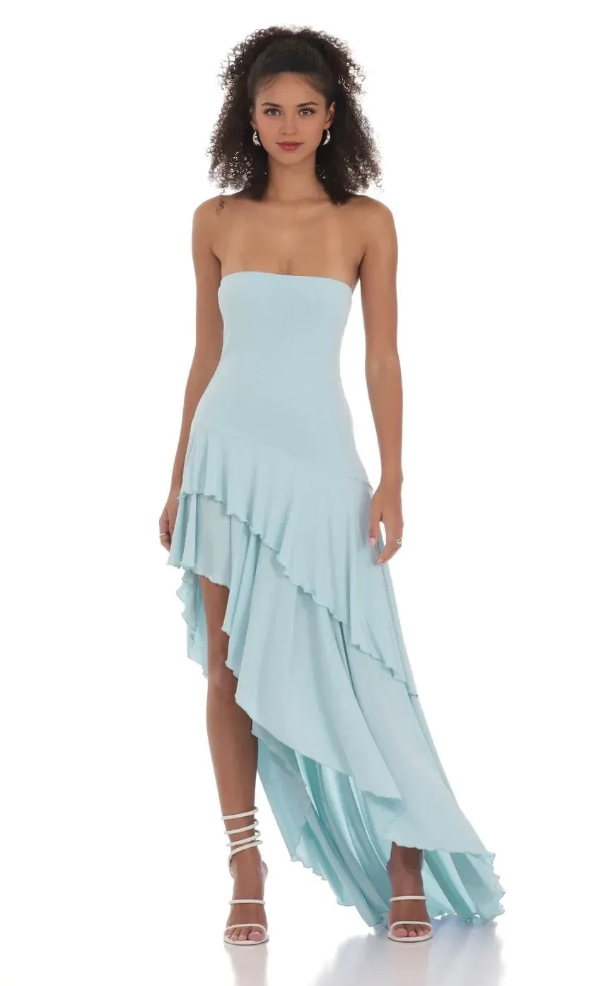 Charming Asymmetrical Strapless Sleeveless Plain Back High Low Evening Dress